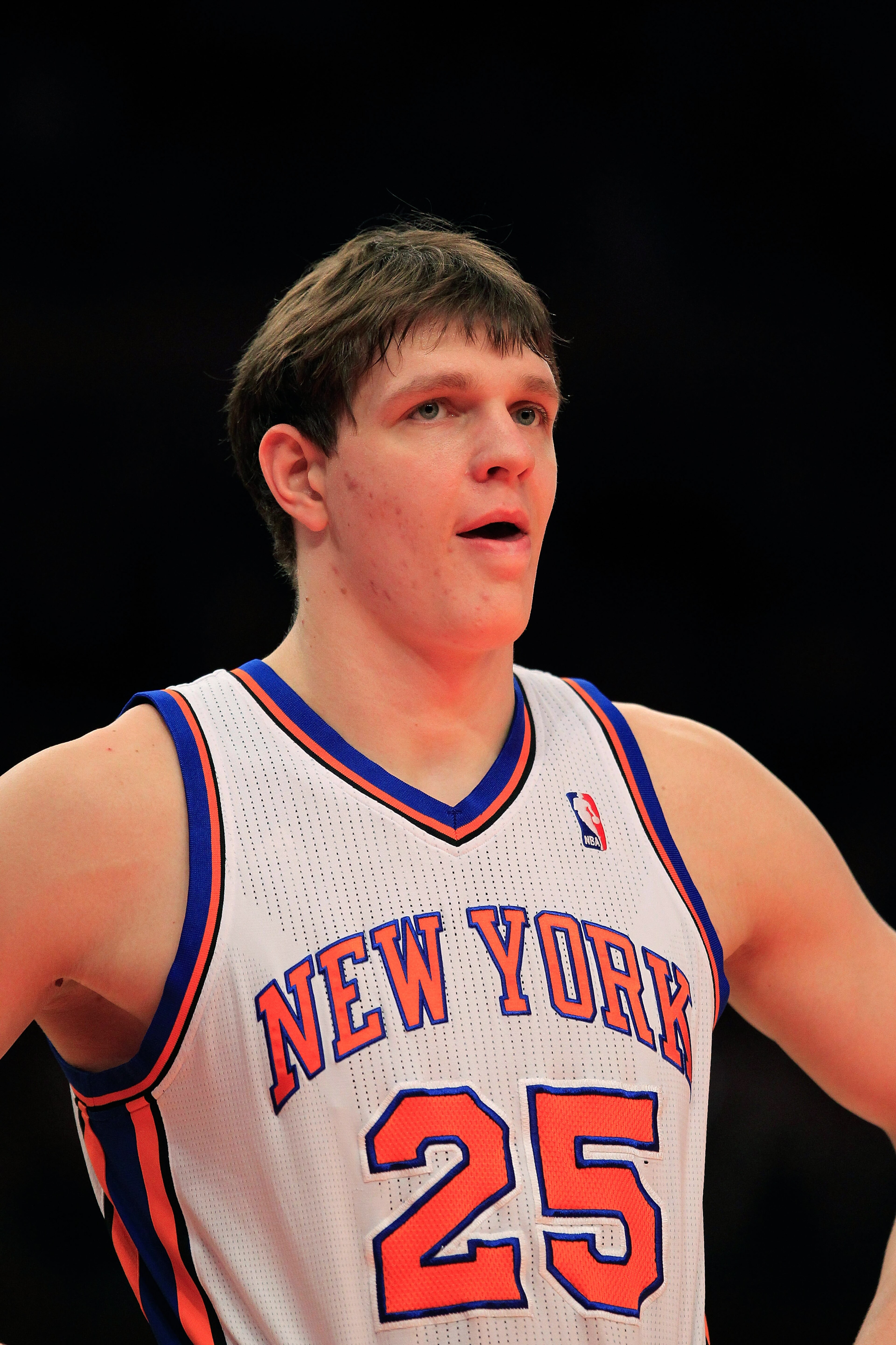 NEW YORK, NY - FEBRUARY 06: Timofey Mozgov #25 of the New York Knicks looks on against the Philadelphia 76ers at Madison Square Garden on February 6, 2011 in New York City. NOTE TO USER: User expressly acknowledges and agrees that, by downloading and/or u NEW YORK, NY - FEBRUARY 06: Timofey Mozgov #25 of the New York Knicks looks on against the Philadelphia 76ers at Madison Square Garden on February 6, 2011 in New York City. NOTE TO USER: User expressly acknowledges and agrees that, by downloading and/or u