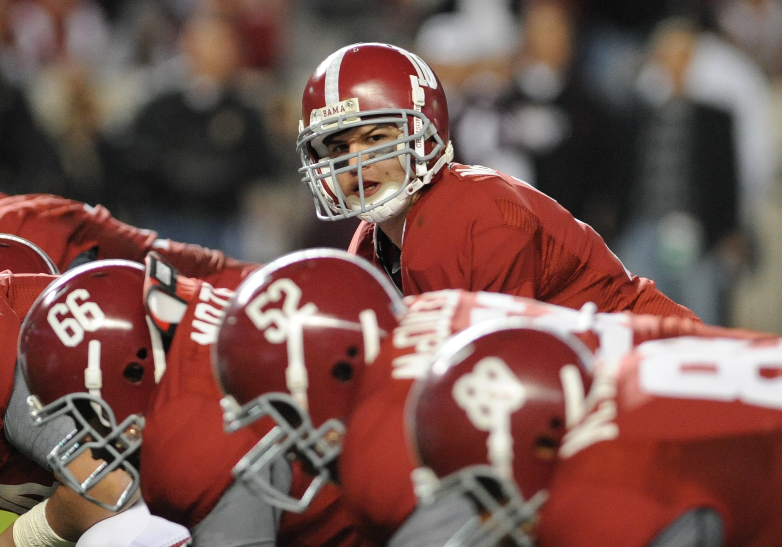 TUSCALOOSA, AL - NOVEMBER 13: Quarterback A. J. McCarron #10 of the Alabama Crimson Tide sets for play against the Mississippi State Bulldogs November 13, 2010 at Bryant-Denny Stadium in Tuscaloosa, Alabama. (Photo by Al Messerschmidt/Getty Images) TUSCALOOSA, AL - NOVEMBER 13: Quarterback A. J. McCarron #10 of the Alabama Crimson Tide sets for play against the Mississippi State Bulldogs November 13, 2010 at Bryant-Denny Stadium in Tuscaloosa, Alabama. (Photo by Al Messerschmidt/Getty Images)