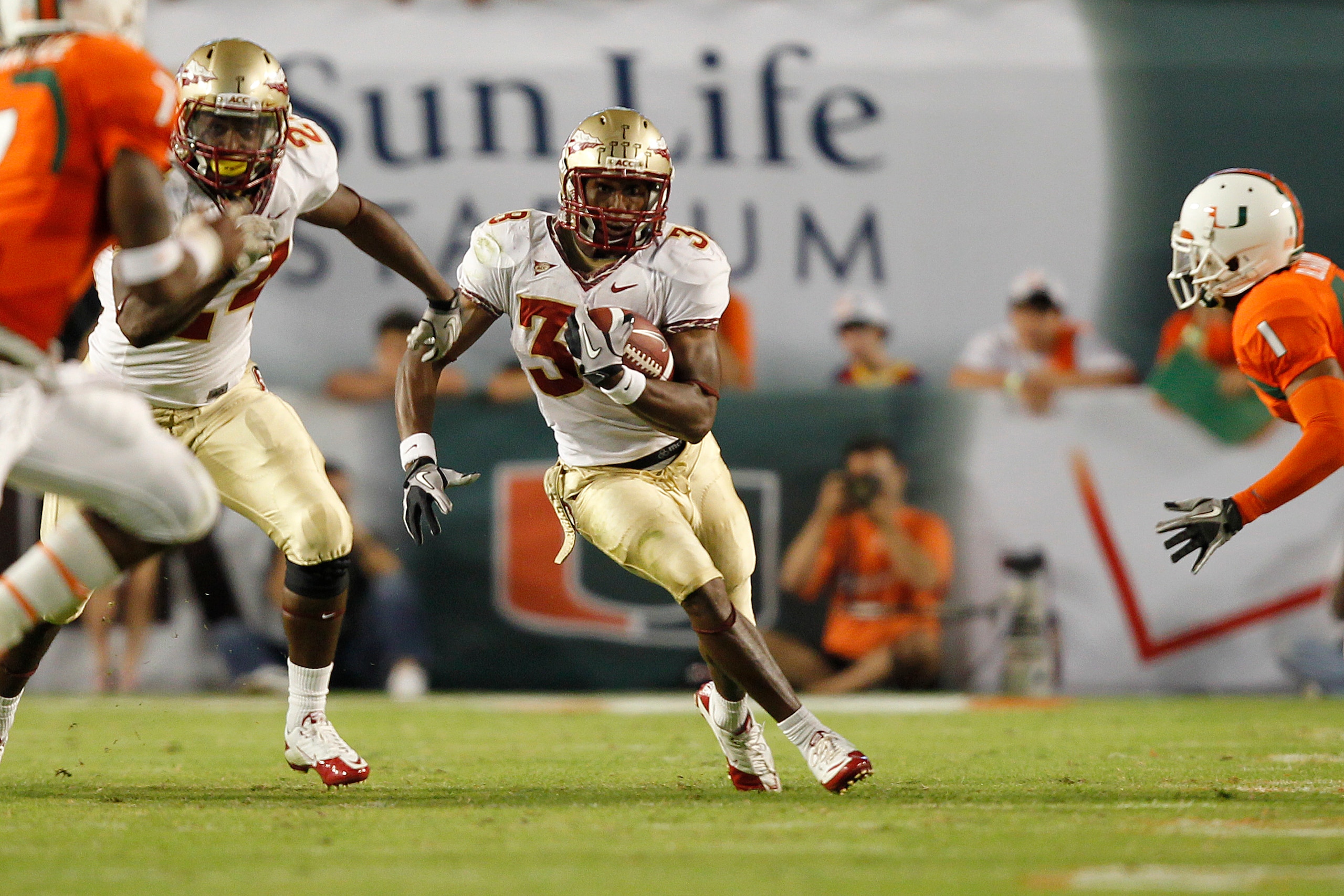 MIAMI, FL - OCTOBER 9: Jermaine Thomas #38 of the Florida State Seminoles runs with the ball against the Miami Hurricanes on October 9, 2010 at Sun Life Stadium in Miami, Florida. (Photo by Joel Auerbach/Getty Images) MIAMI, FL - OCTOBER 9: Jermaine Thomas #38 of the Florida State Seminoles runs with the ball against the Miami Hurricanes on October 9, 2010 at Sun Life Stadium in Miami, Florida. (Photo by Joel Auerbach/Getty Images)