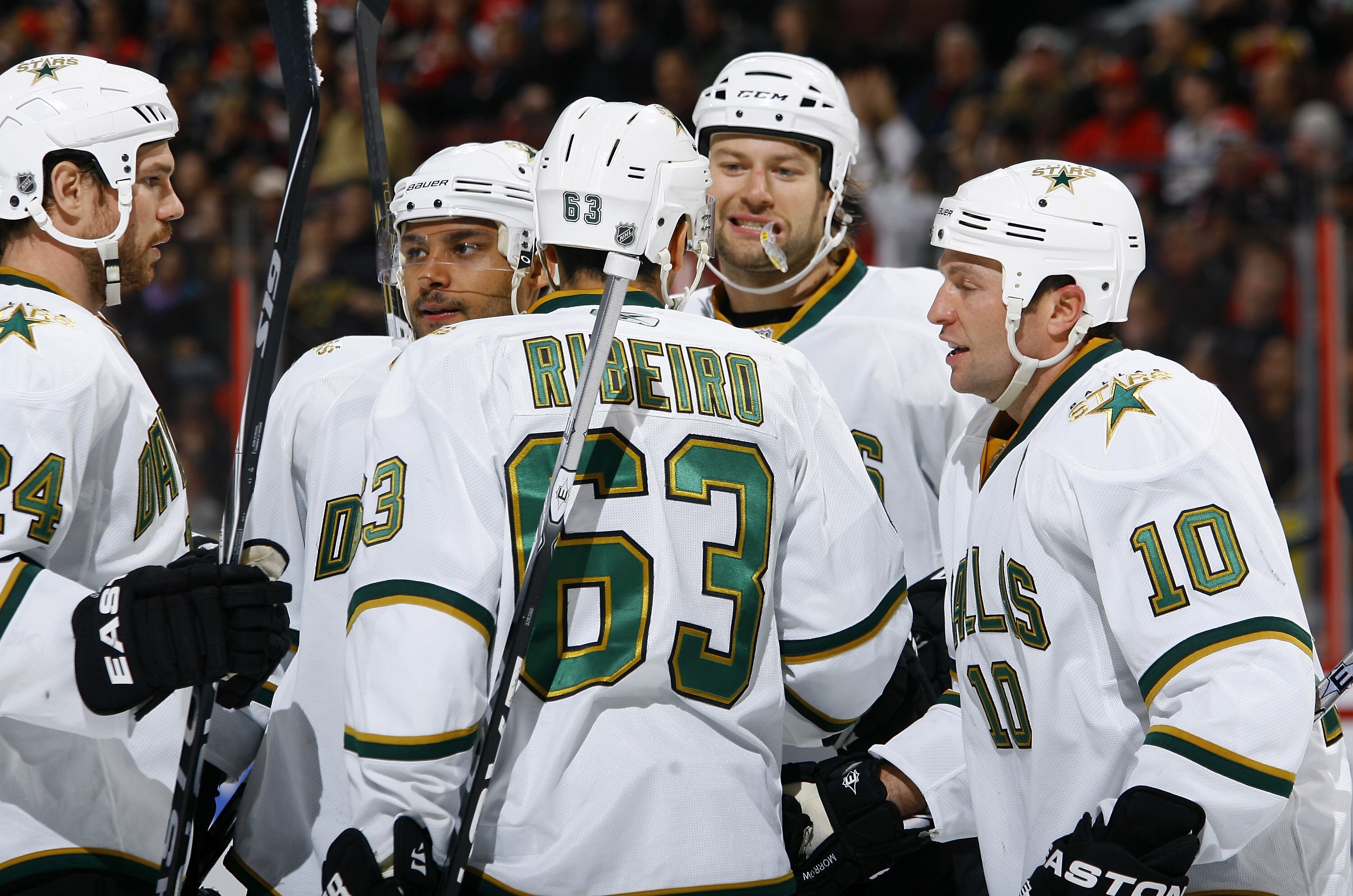 OTTAWA - NOVEMBER 24:  Brandon Segal #24, Trevor Daley #6, Mike Ribeiro #63, Jeff Woywitka #44 and Brenden Morrow #10 of the Dallas Stars celebrate their game-winning goal over the Ottawa Senators in a game at Scotiabank Place on November 24, 2010 in Otta