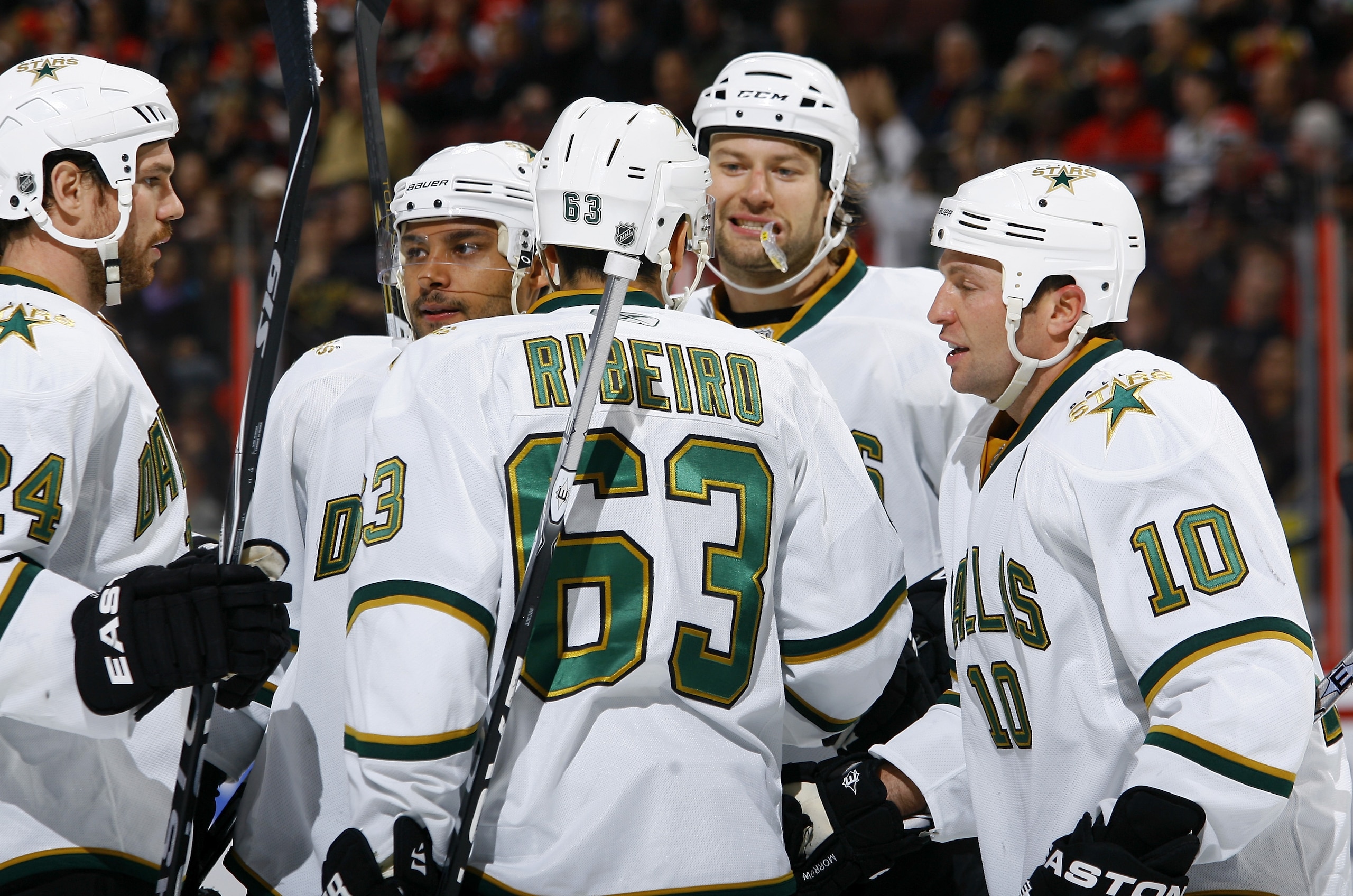 OTTAWA - NOVEMBER 24:  Brandon Segal #24, Trevor Daley #6, Mike Ribeiro #63, Jeff Woywitka #44 and Brenden Morrow #10 of the Dallas Stars celebrate their game-winning goal over the Ottawa Senators in a game at Scotiabank Place on November 24, 2010 in Otta