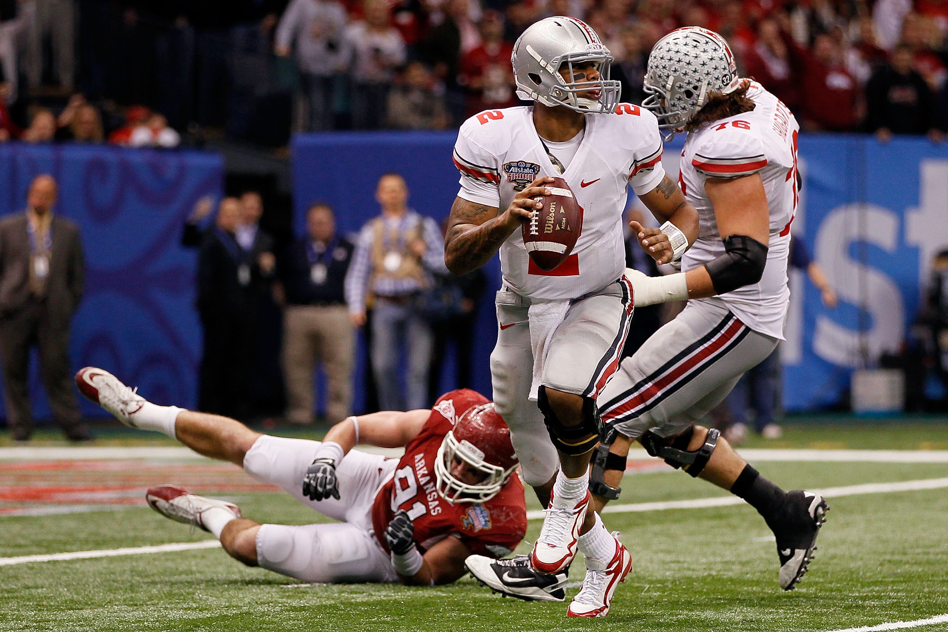 NEW ORLEANS, LA - JANUARY 04:  Quarterback Terrelle Pryor #2 of the Ohio State Buckeyes looks to run against the Arkansas Razorbacks during the Allstate Sugar Bowl at the Louisiana Superdome on January 4, 2011 in New Orleans, Louisiana.  (Photo by Kevin C