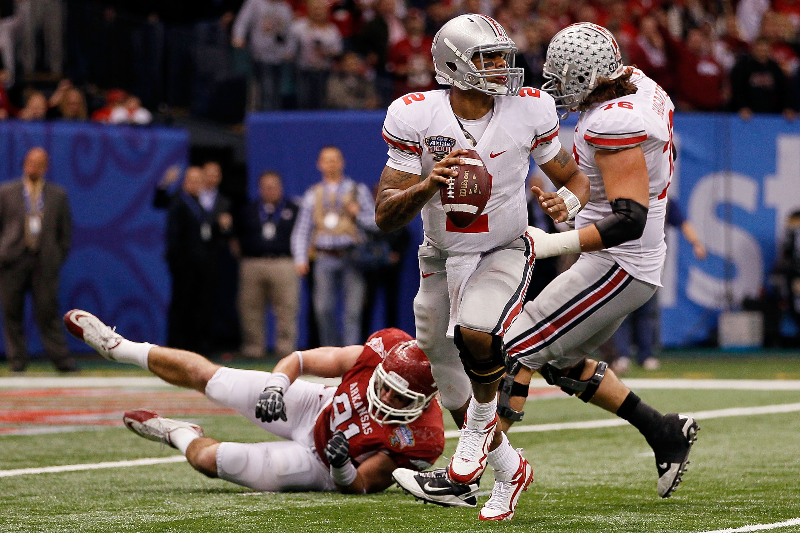 NEW ORLEANS, LA - JANUARY 04: Quarterback Terrelle Pryor #2 of the Ohio State Buckeyes looks to run against the Arkansas Razorbacks during the Allstate Sugar Bowl at the Louisiana Superdome on January 4, 2011 in New Orleans, Louisiana. (Photo by Kevin C NEW ORLEANS, LA - JANUARY 04: Quarterback Terrelle Pryor #2 of the Ohio State Buckeyes looks to run against the Arkansas Razorbacks during the Allstate Sugar Bowl at the Louisiana Superdome on January 4, 2011 in New Orleans, Louisiana. (Photo by Kevin C
