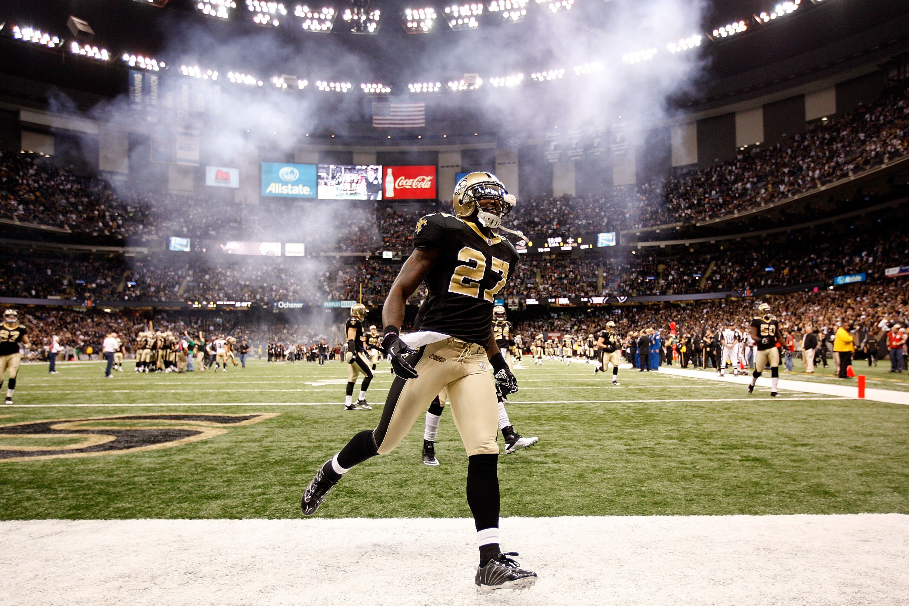NEW ORLEANS, LA - DECEMBER 12:  Malcom Jenkins #27 of the New Orleans Saints runs onto the field before playing the St. Louis Rams at the Louisiana Superdome on December 12, 2010 in New Orleans, Louisiana.  (Photo by Chris Graythen/Getty Images)
