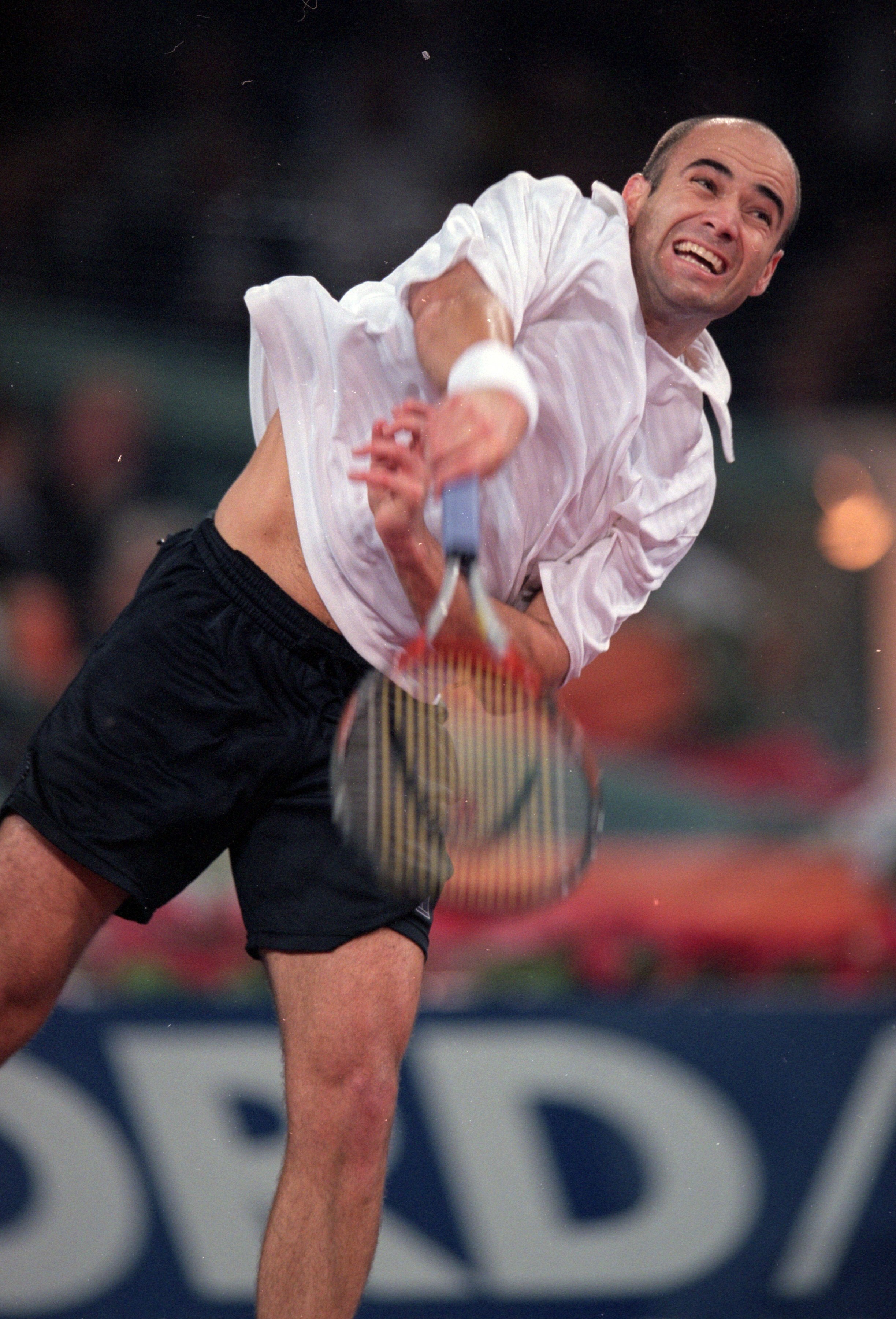 24 Nov 1999:  Andre Agassi of the USA serves during the ATP Tour World Championships at the EXPO 2000 venue in Hannover in Germany. \ Mandatory Credit: Clive Brunskill /Allsport