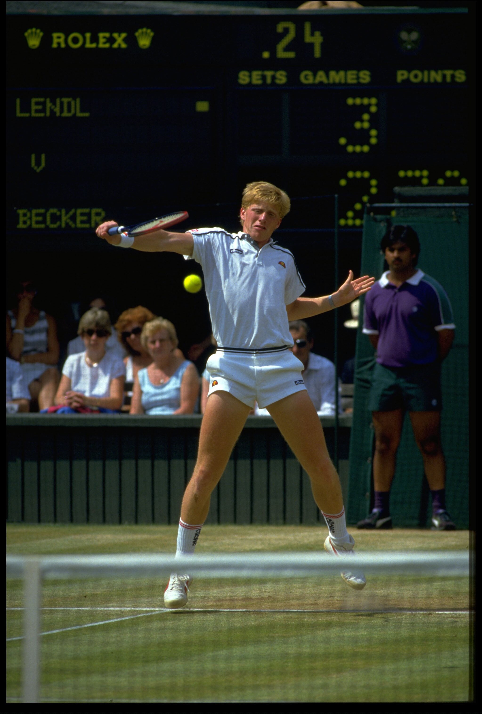 JUL 1986:  BORIS BECKER OF GERMANY HITS A BACKHAND IN THE MENS SINGLES FINAL AT WIMBLEDON AGAINST IVAN LENDL OF CZECHOSLOVAKIA. BECKER WENT ONTO WIN THE MATCH AND THE TROPHY FOR THE SECOND SUCCESIVE YEAR.