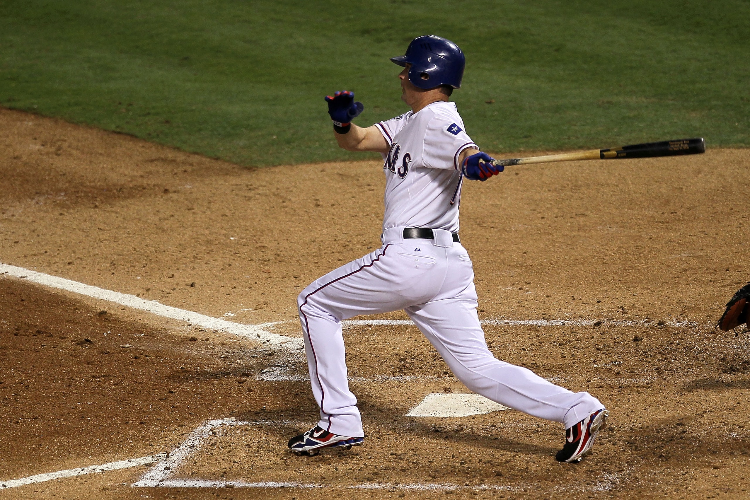ARLINGTON, TX - OCTOBER 30: Michael Young #10 of the Texas Rangers hits a single in the bottom of the third inning against the San Francisco Giants in Game Three of the 2010 MLB World Series at Rangers Ballpark in Arlington on October 30, 2010 in Arlingt ARLINGTON, TX - OCTOBER 30: Michael Young #10 of the Texas Rangers hits a single in the bottom of the third inning against the San Francisco Giants in Game Three of the 2010 MLB World Series at Rangers Ballpark in Arlington on October 30, 2010 in Arlingt