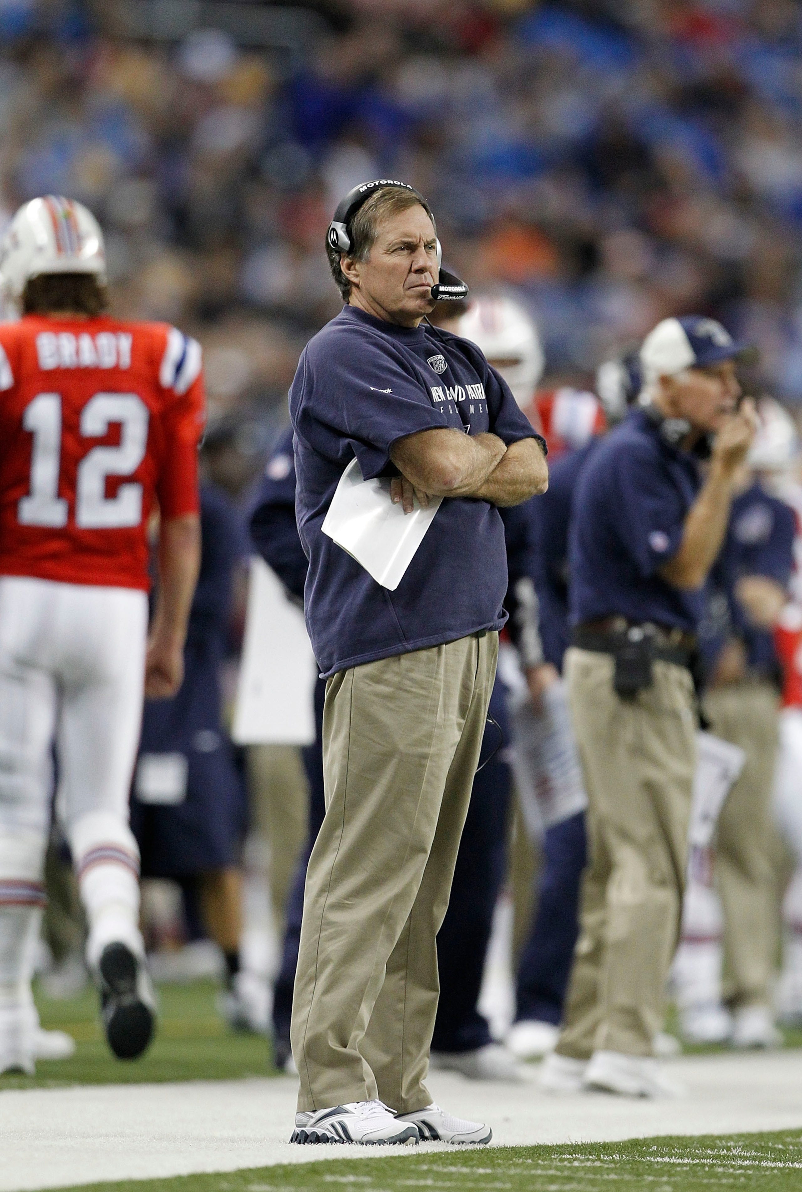 DETROIT - NOVEMBER 25: New England Patriots Head Coach Bill Belichick looks on during the first quarter of the game at Ford Field on November 25, 2010 in Detroit, Michigan. (Photo by Leon Halip/Getty Images) DETROIT - NOVEMBER 25: New England Patriots Head Coach Bill Belichick looks on during the first quarter of the game at Ford Field on November 25, 2010 in Detroit, Michigan. (Photo by Leon Halip/Getty Images)