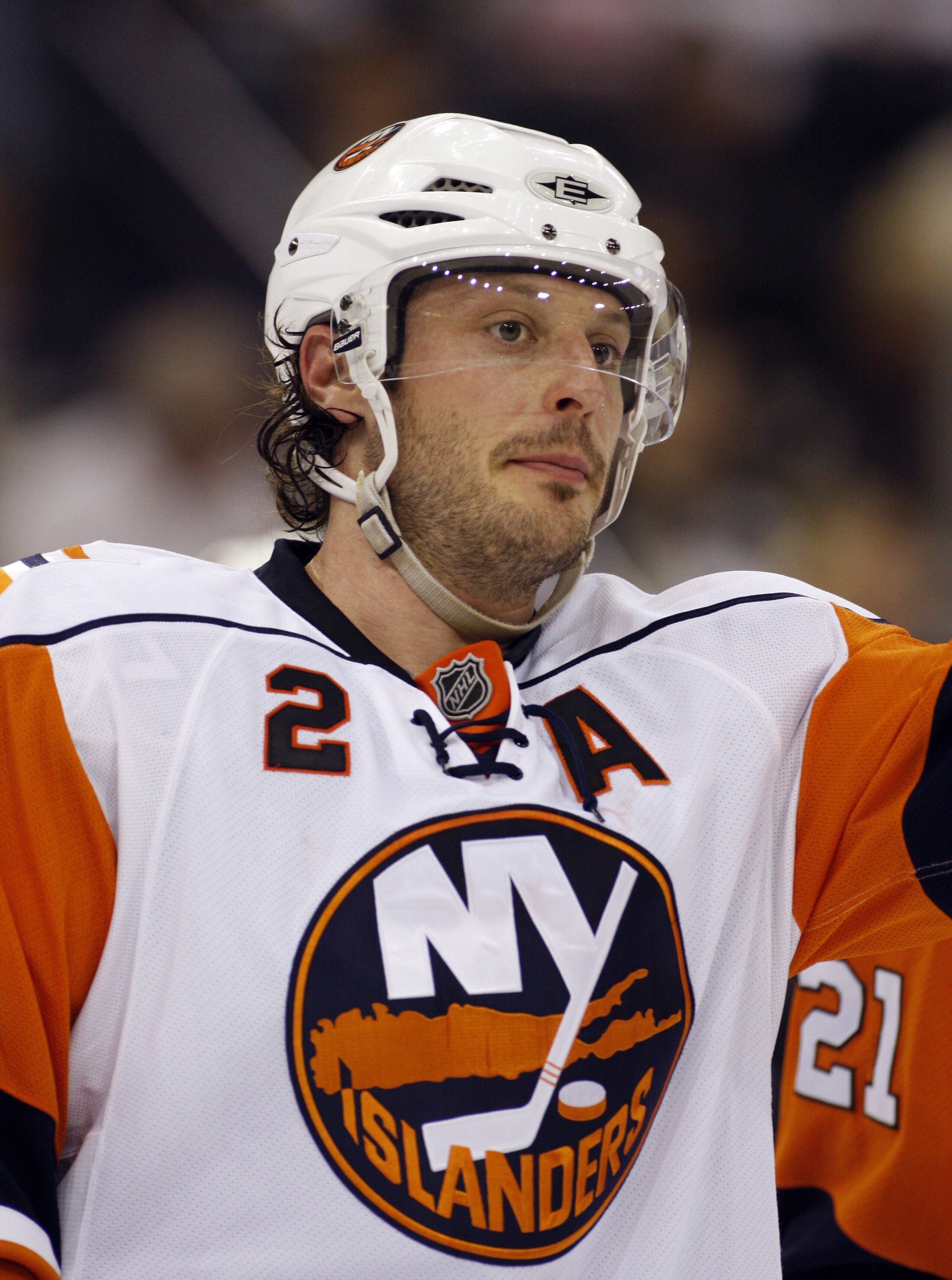 PITTSBURGH, PA - APRIL 08:  Mark Streit #2 of the New York Islanders prepares for a face-off against the Pittsburgh Penguins at Mellon Arena on April 8, 2010 in Pittsburgh, Pennsylvania.  The Penguins defeated the Islanders 7-3.  (Photo by Justin K. Aller
