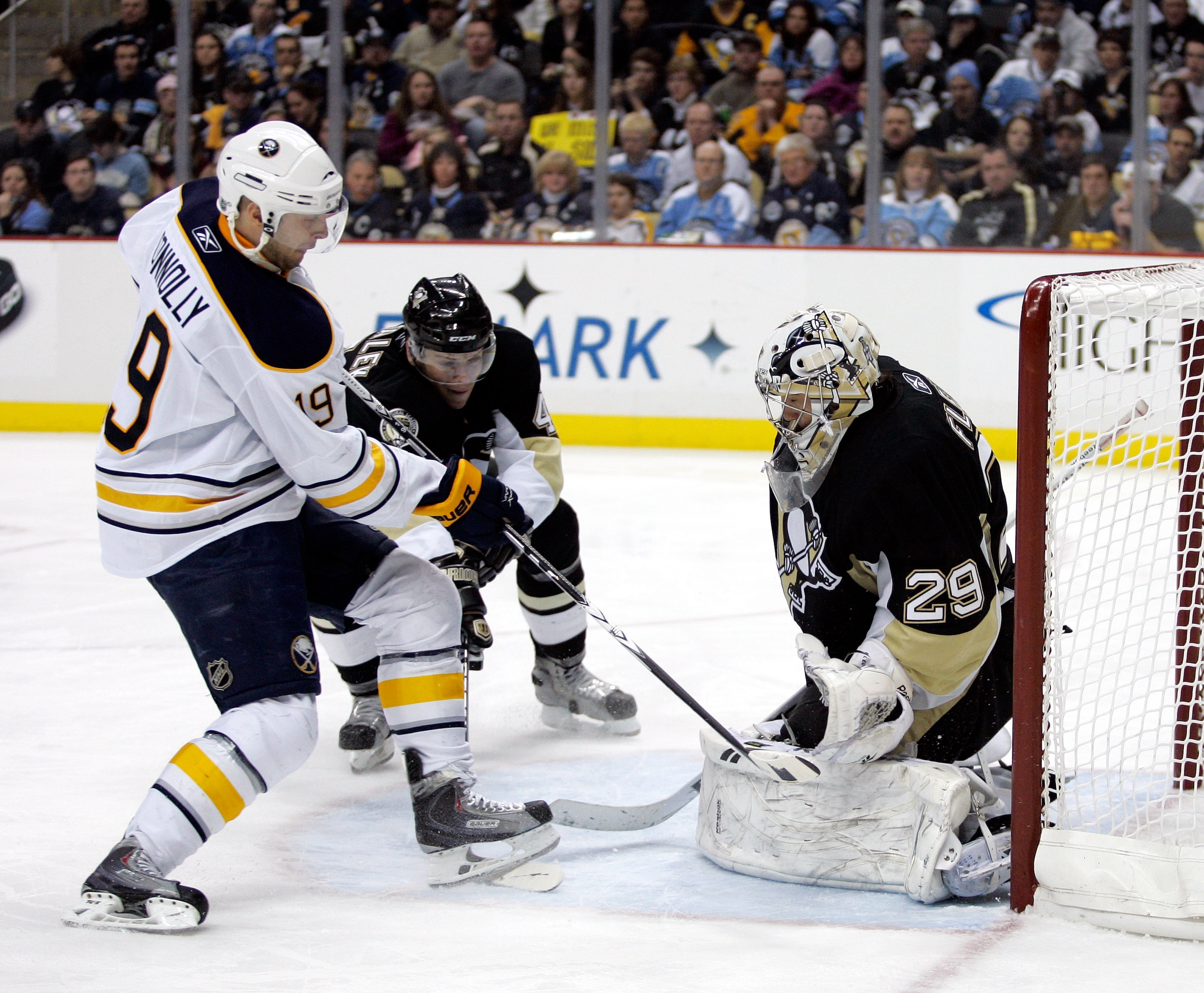 PITTSBURGH, PA - FEBRUARY 04:  Marc-Andre Fleury #29 of the Pittsburgh Penguins makes a save against Tim Connolly #19 of the Buffalo Sabres at Consol Energy Center on February 4, 2011 in Pittsburgh, Pennsylvania.  (Photo by Justin K. Aller/Getty Images)