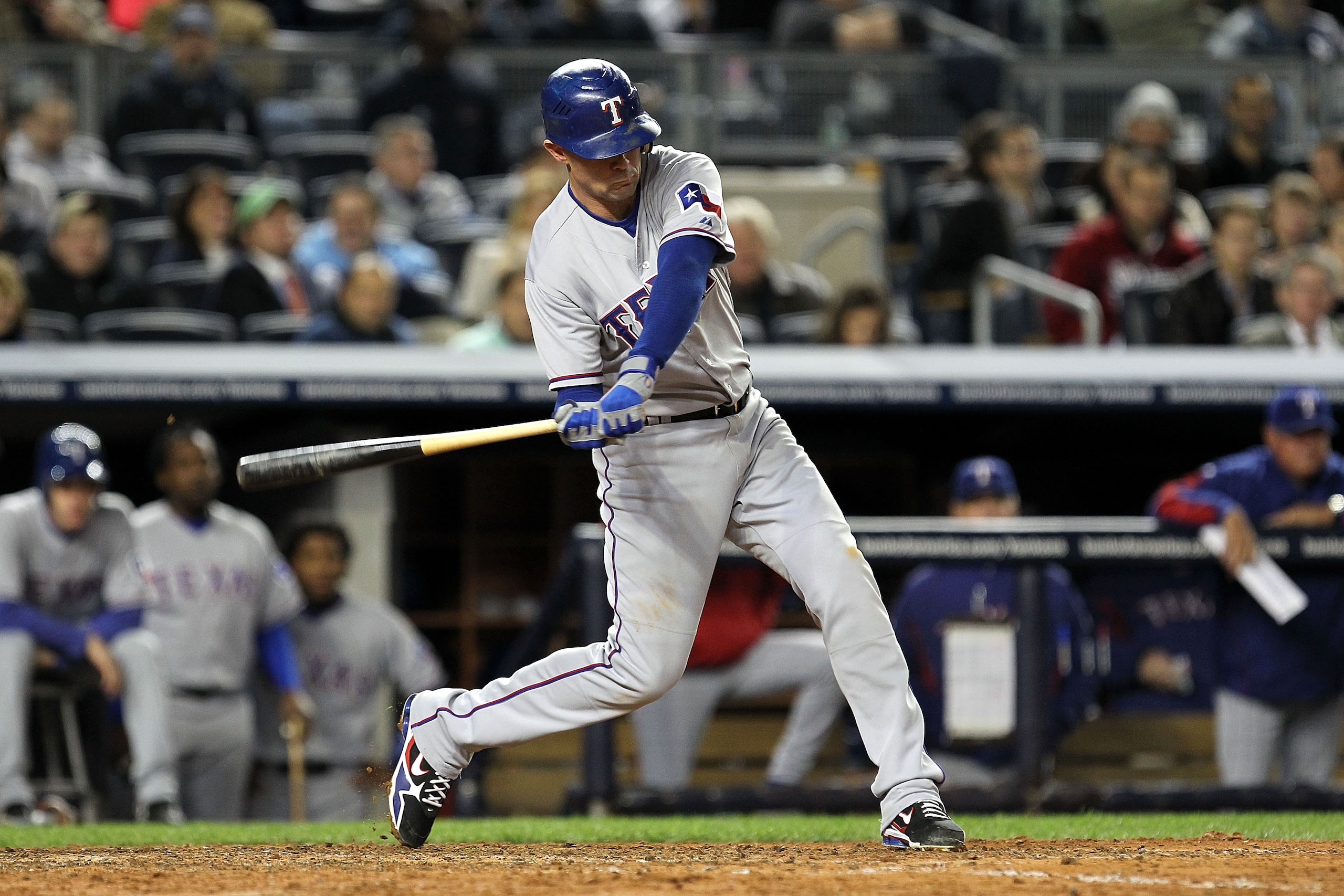 NEW YORK - OCTOBER 18: Michael Young #10 of the Texas Rangers bats against the New York Yankees in Game Three of the ALCS during the 2010 MLB Playoffs at Yankee Stadium on October 18, 2010 in New York, New York. (Photo by Al Bello/Getty Images) NEW YORK - OCTOBER 18: Michael Young #10 of the Texas Rangers bats against the New York Yankees in Game Three of the ALCS during the 2010 MLB Playoffs at Yankee Stadium on October 18, 2010 in New York, New York. (Photo by Al Bello/Getty Images)