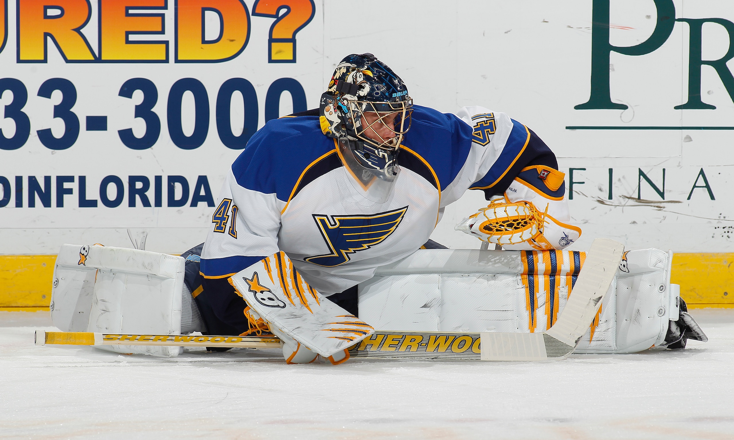 SUNRISE, FL - FEBRUARY 8: Goaltender Jaroslav Halak #41 of the St. Louis Blues stretches prior to the NHL game against of the Florida Panthers on February 8, 2011 at the BankAtlantic Center in Sunrise, Florida. The Blues defeated the Panthers 2-1. (Photo 