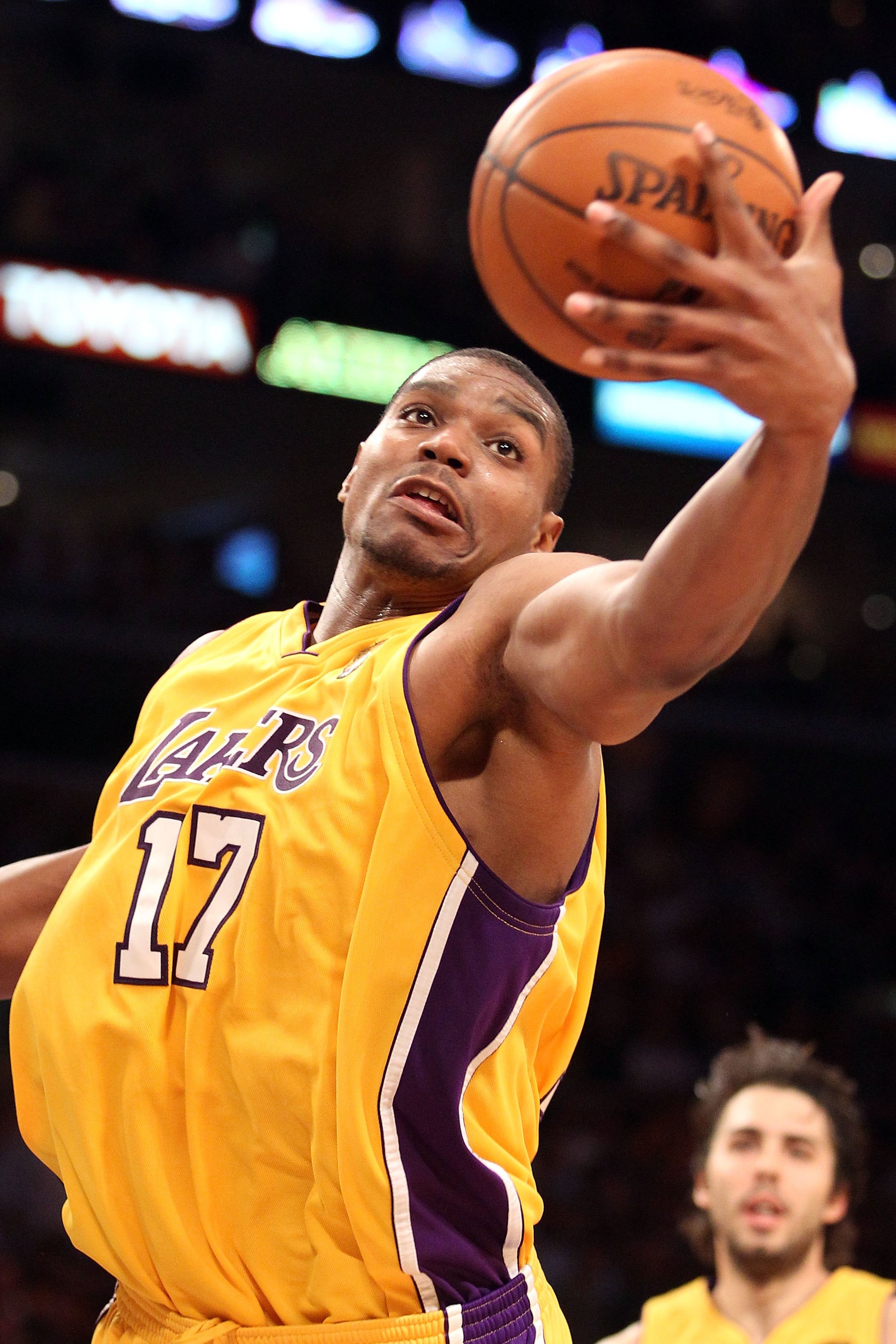 LOS ANGELES, CA - JUNE 17: Andrew Bynum #17 of the Los Angeles Lakers rebounds the ball in Game Seven of the 2010 NBA Finals against the Boston Celtics at Staples Center on June 17, 2010 in Los Angeles, California. NOTE TO USER: User expressly acknowled