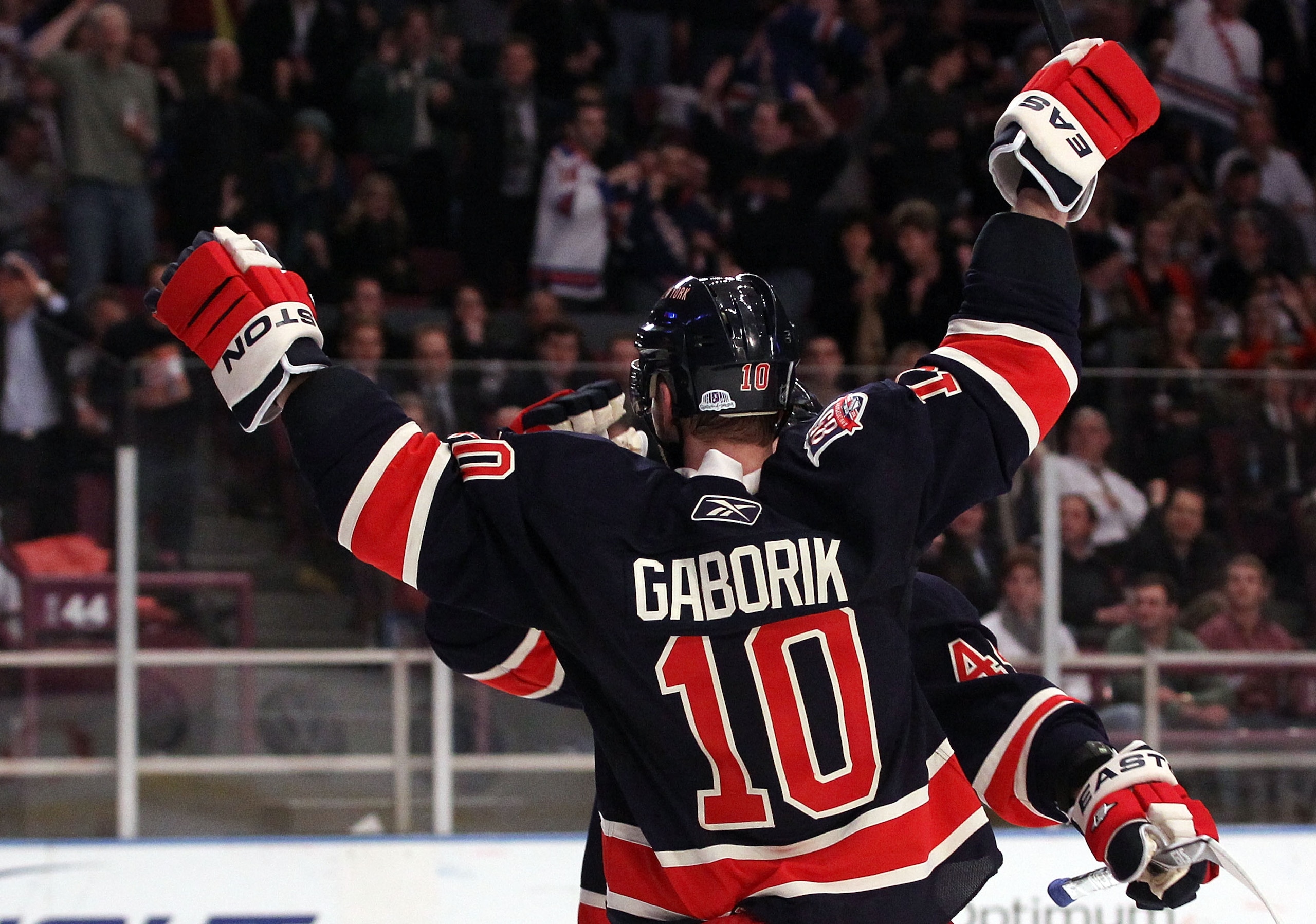 NEW YORK, NY - JANUARY 19: Marian Gaborik #10 of the New York Rangers celebrates his hattrick goal against the Toronto Maple Leafs at Madison Square Garden on January 19, 2011 in New York City.  (Photo by Bruce Bennett/Getty Images)