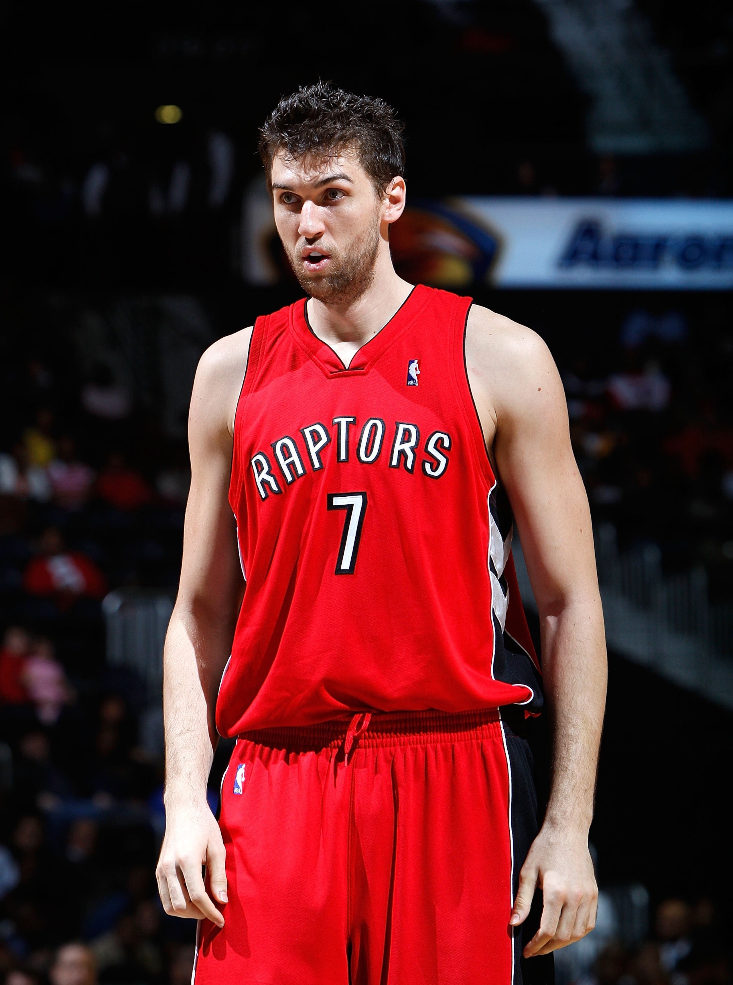 ATLANTA - DECEMBER 02:  Andrea Bargnani #7 of the Toronto Raptors against the Atlanta Hawks at Philips Arena on December 2, 2009 in Atlanta, Georgia.  NOTE TO USER: User expressly acknowledges and agrees that, by downloading and/or using this Photograph,