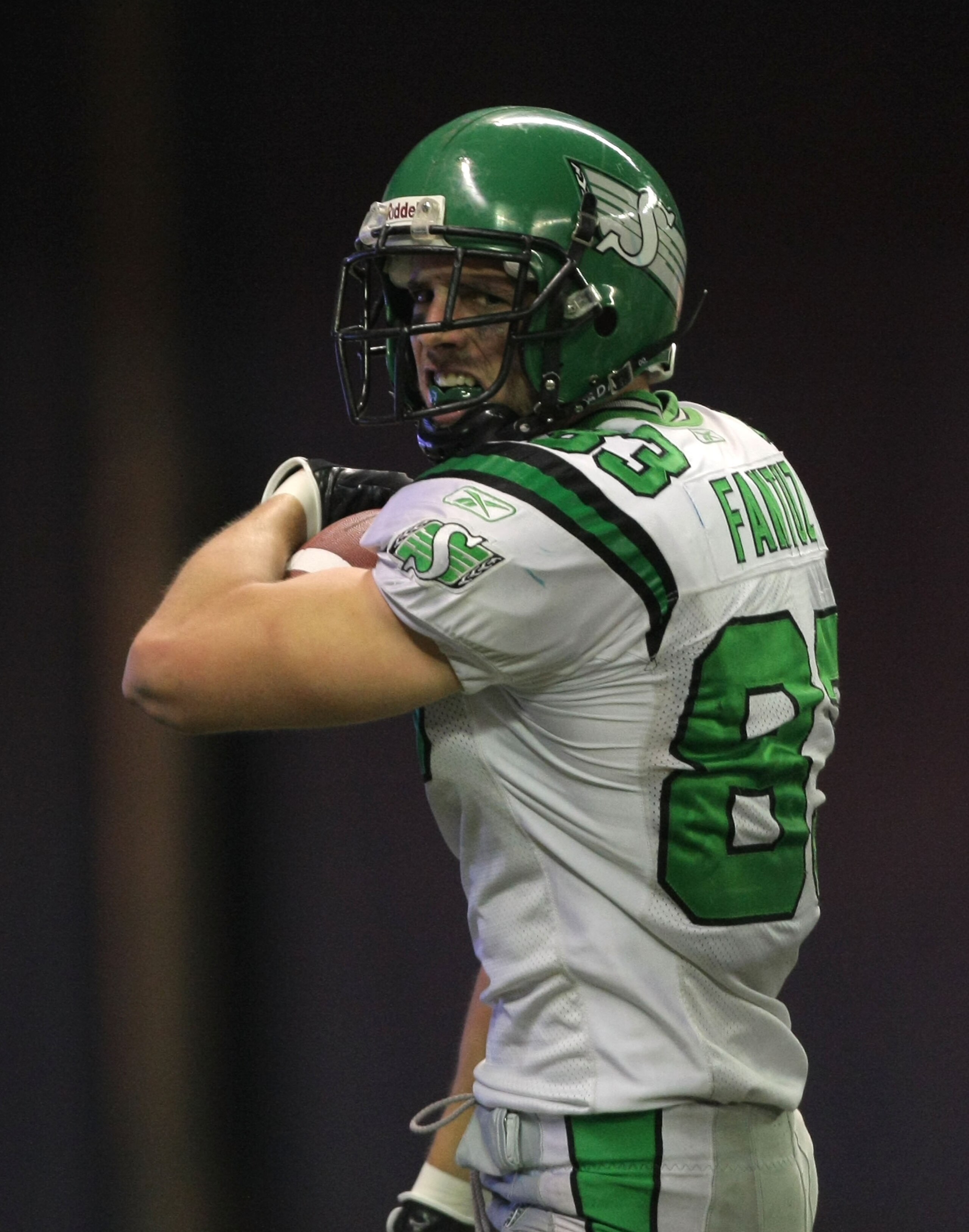 TORONTO, ON - NOVEMBER 25:  Andy Fantuz #83 of the Saskatchewan Rough Riders reacts to his touchdown over the Winnipeg Blue Bombers during the fourth quarter in the 95th Grey Cup on November 25, 2007 at the Rogers Centre in Toronto, Ontario, Canada.  The