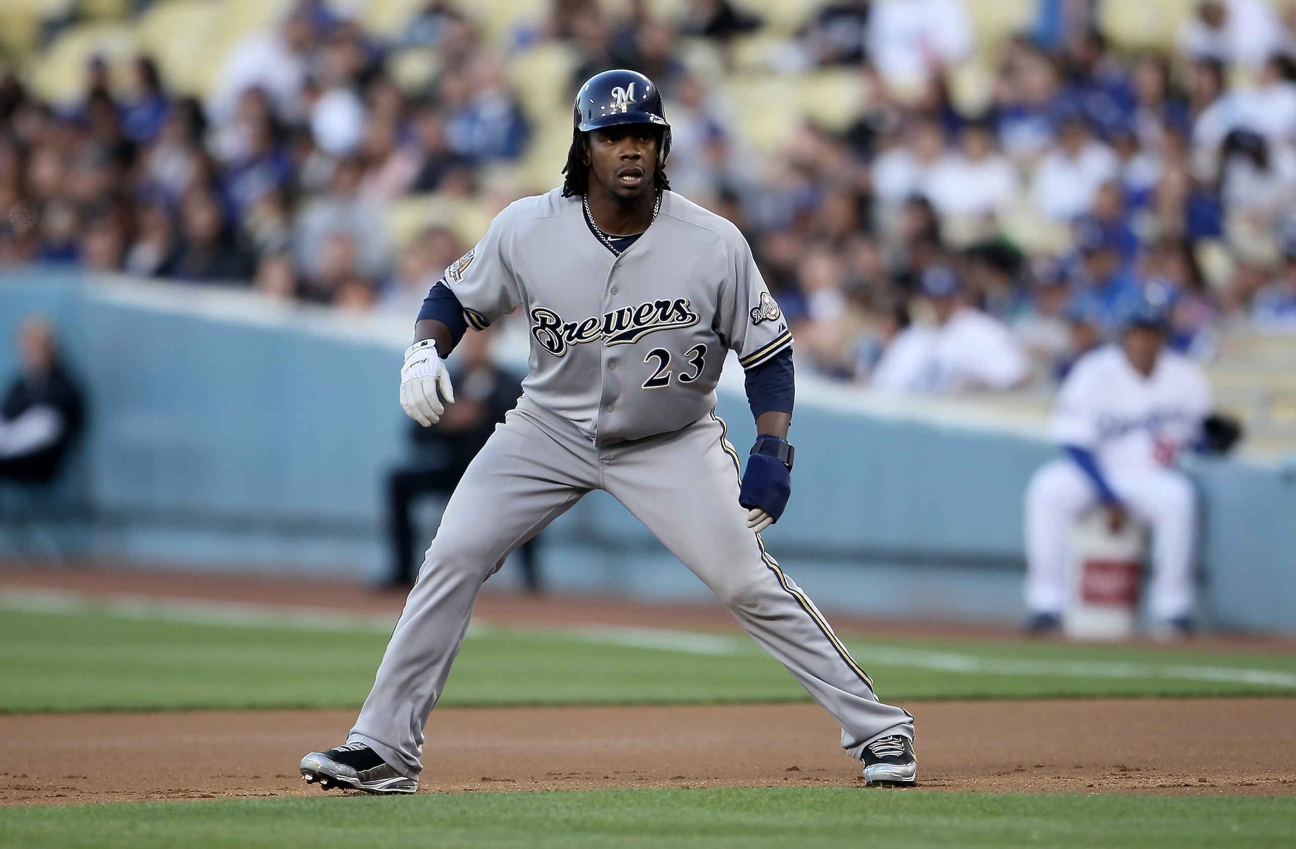LOS ANGELES, CA - MAY 04:  Rickie Weeks #23 of the Milwaukee Brewers leads off of first base against the Los Angeles Dodgers at Dodger Stadium on May 4, 2010 in Los Angeles, California. The Brewers defeated the Dodgers 11-6.  (Photo by Jeff Gross/Getty Im