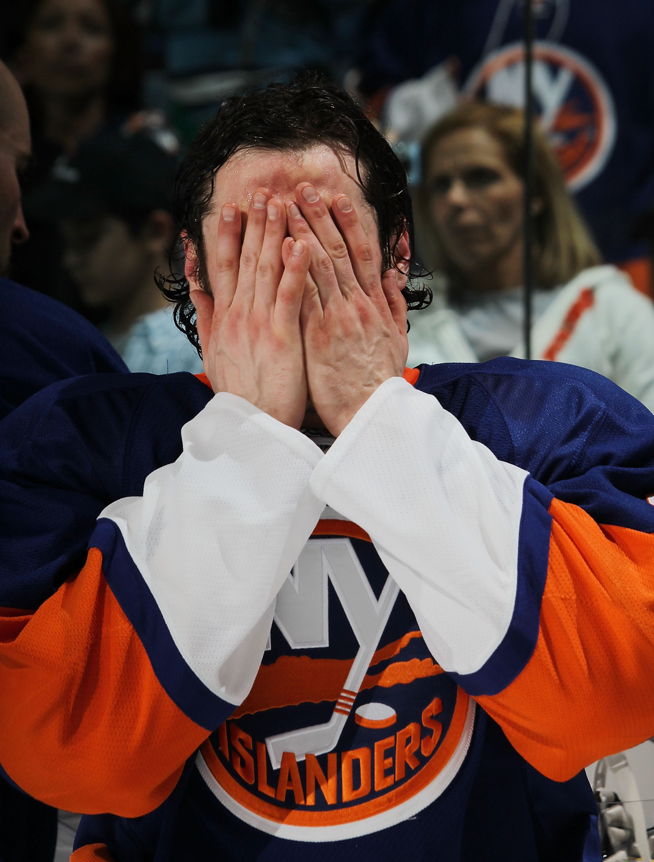 UNIONDALE, NY - APRIL 11: Mark Streit #2 of the New York Islanders prepares for post game event following the Islanders overtime loss to the Pittsburgh Penguins at the Nassau Coliseum on April 11, 2010 in Uniondale, New York. (Photo by Bruce Bennett/Getty