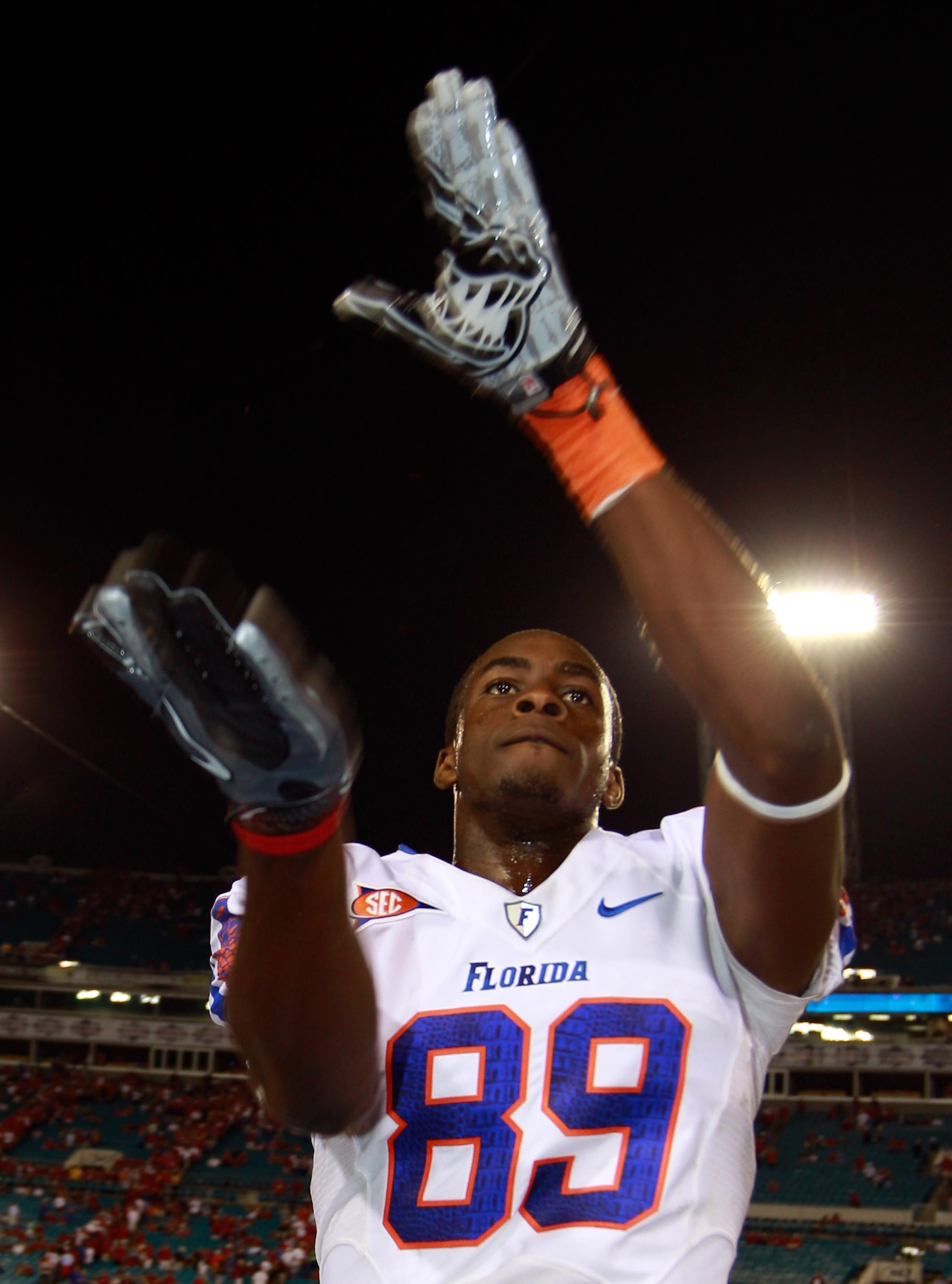 JACKSONVILLE, FL - OCTOBER 30:  Stephen Alli #89 of the Florida Gators reacts following the game against the Georgia Bulldogs at EverBank Field on October 30, 2010 in Jacksonville, Florida.  (Photo by Sam Greenwood/Getty Images)