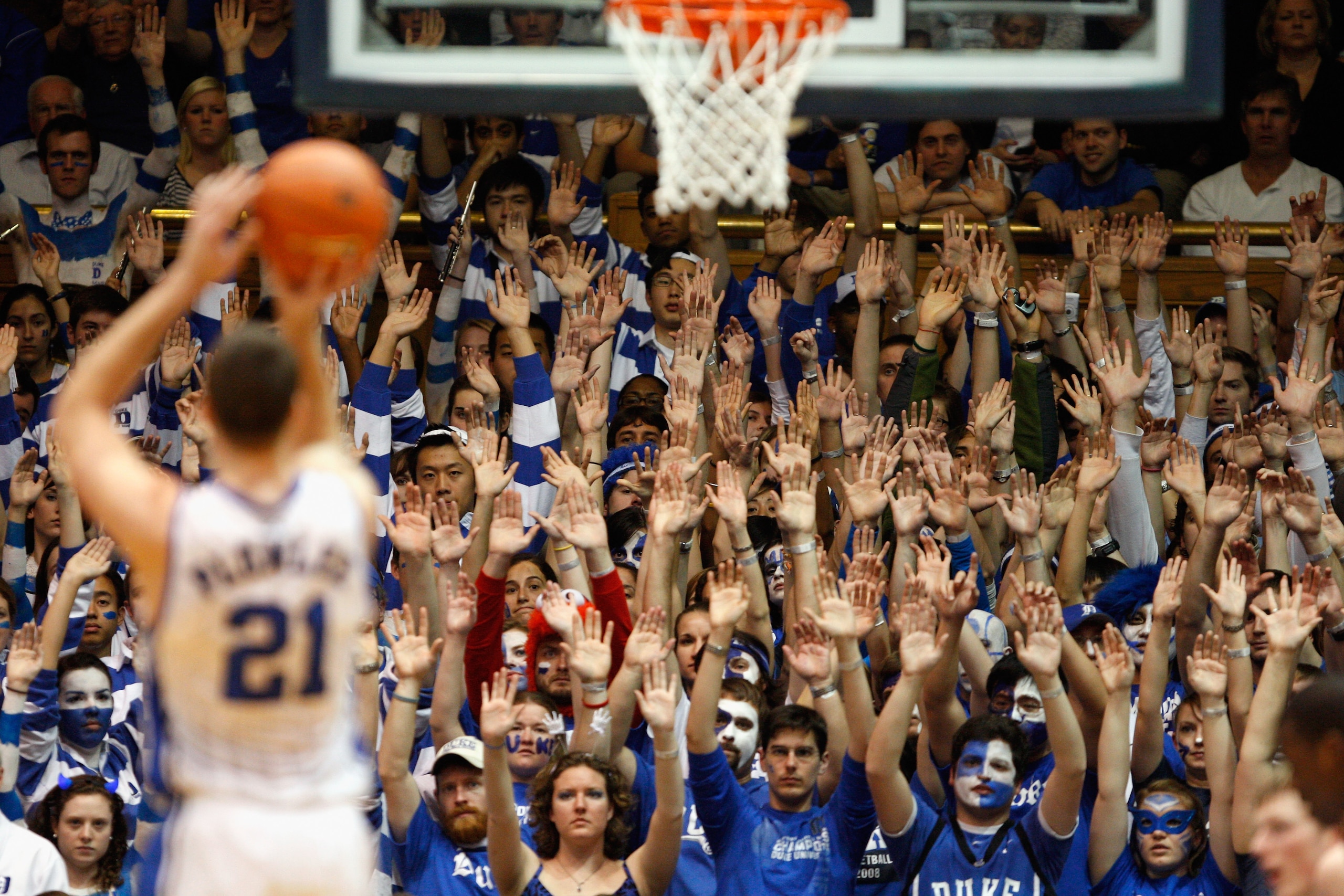 DURHAM, NC - FEBRUARY 09:  Miles Plumlee #21 of the Duke Blue Devils shoots a free throw during their game against the North Carolina Tar Heels at Cameron Indoor Stadium on February 9, 2011 in Durham, North Carolina.  (Photo by Streeter Lecka/Getty Images