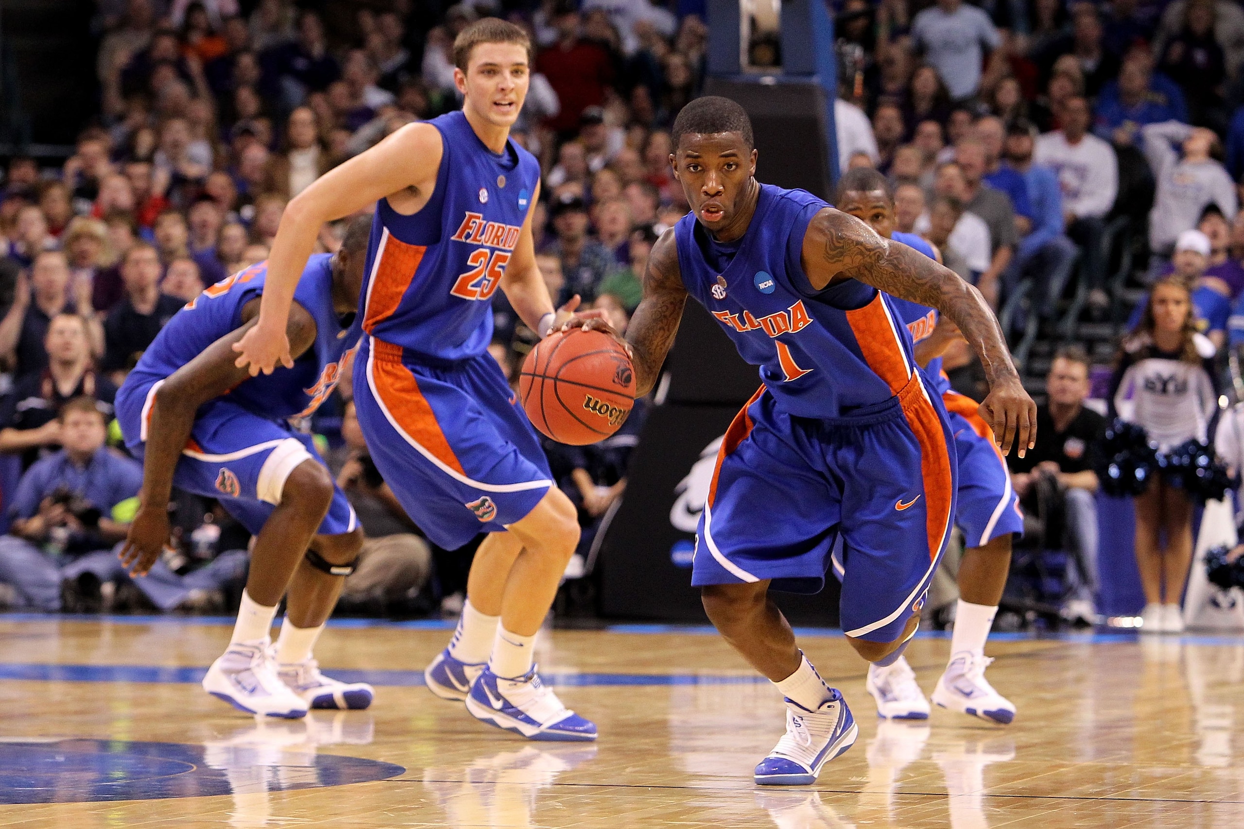 OKLAHOMA CITY - MARCH 18: Kenny Boynton #1 of the Florida Gators pushes the ball up court in overtime against the BYU Cougars during the first round of the 2010 NCAA men�s basketball tournament at Ford Center on March 18, 2010 in Oklahoma City, Oklahoma OKLAHOMA CITY - MARCH 18: Kenny Boynton #1 of the Florida Gators pushes the ball up court in overtime against the BYU Cougars during the first round of the 2010 NCAA men�s basketball tournament at Ford Center on March 18, 2010 in Oklahoma City, Oklahoma