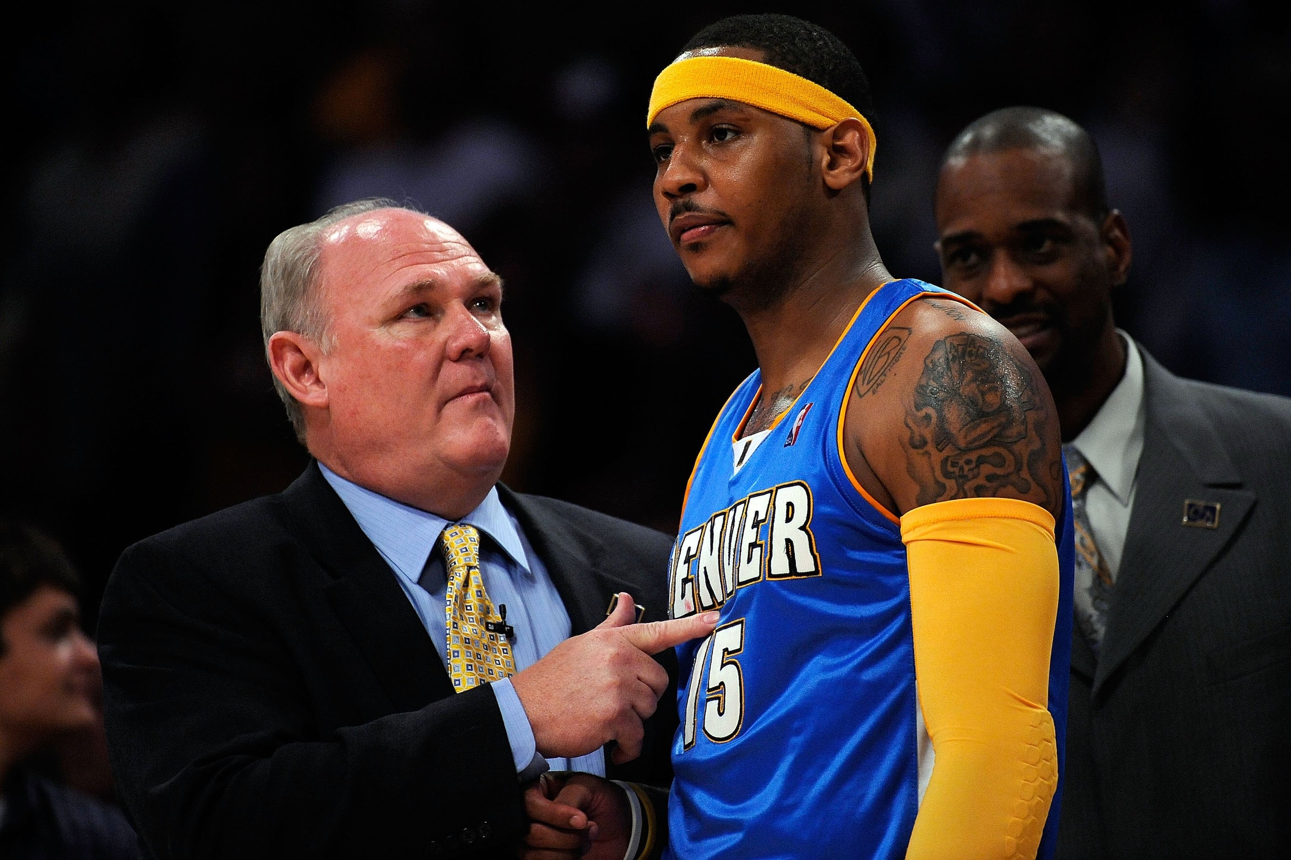 LOS ANGELES, CA - MAY 21:  Head coach George Karl of the Denver Nuggets talks with Carmelo Anthony #15 while taking on the Los Angeles Lakers in Game Two of the Western Conference Finals during the 2009 NBA Playoffs at Staples Center on May 21, 2009 in Lo
