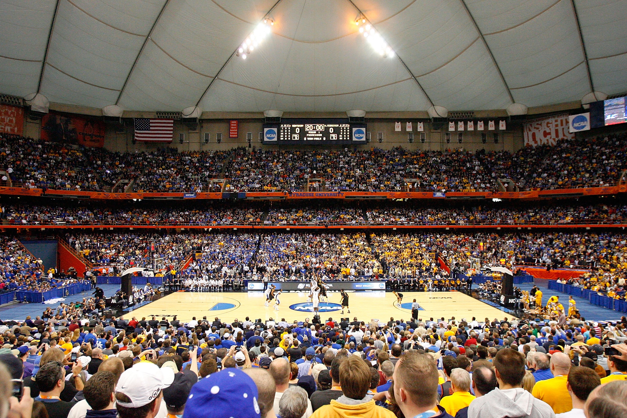 SYRACUSE, NY - MARCH 27:  A general view of the opening tipoff between the Kentucky Wildcats and the West Virginia Mountaineers during the east regional final of the 2010 NCAA men's basketball tournament at the Carrier Dome on March 27, 2010 in Syracuse,