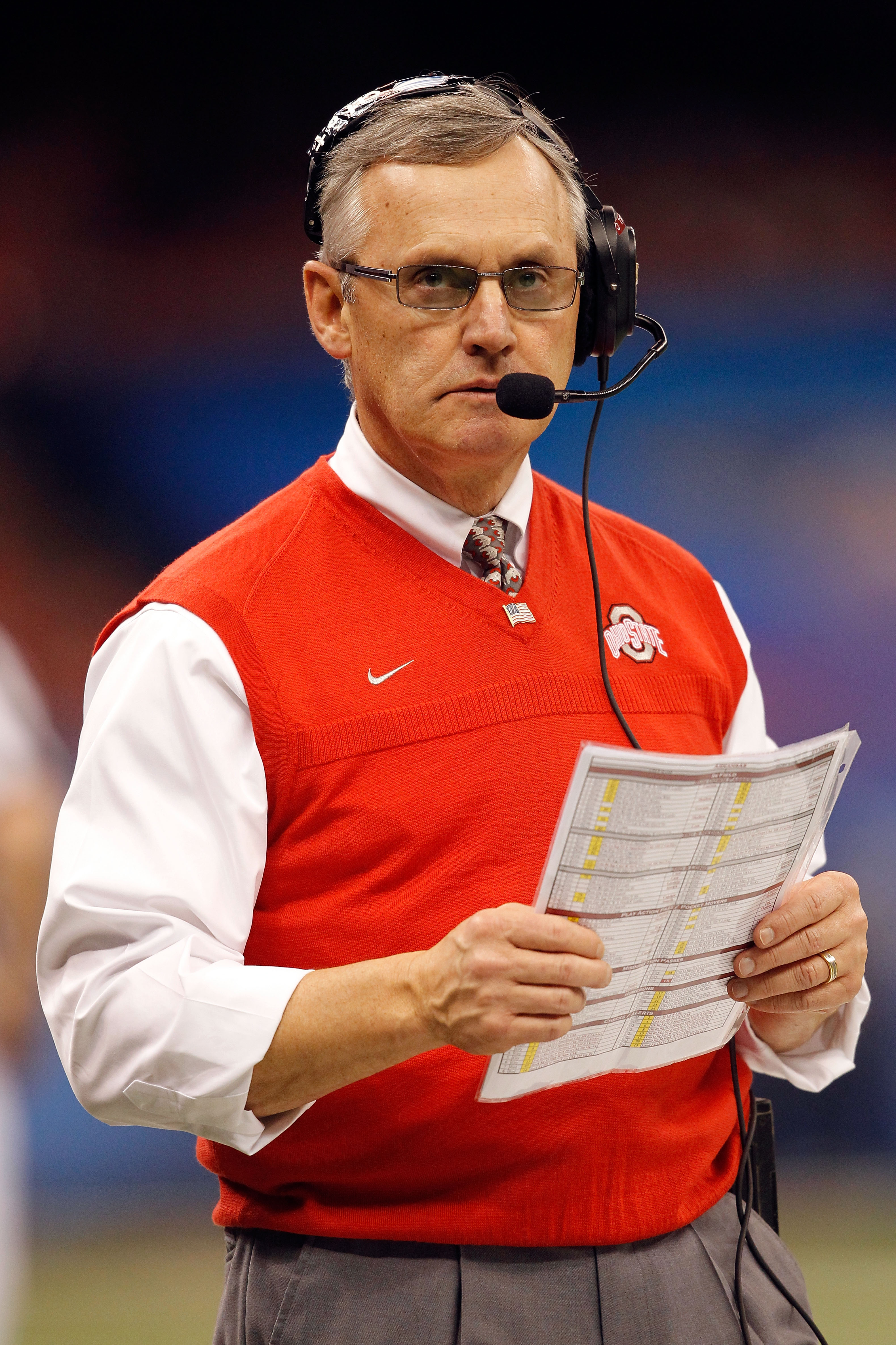 NEW ORLEANS, LA - JANUARY 04: Head coach Jim Tressel of the Ohio State Buckeyes looks on against the Arkansas Razorbacks during the Allstate Sugar Bowl at the Louisiana Superdome on January 4, 2011 in New Orleans, Louisiana. (Photo by Matthew Stockman/G
