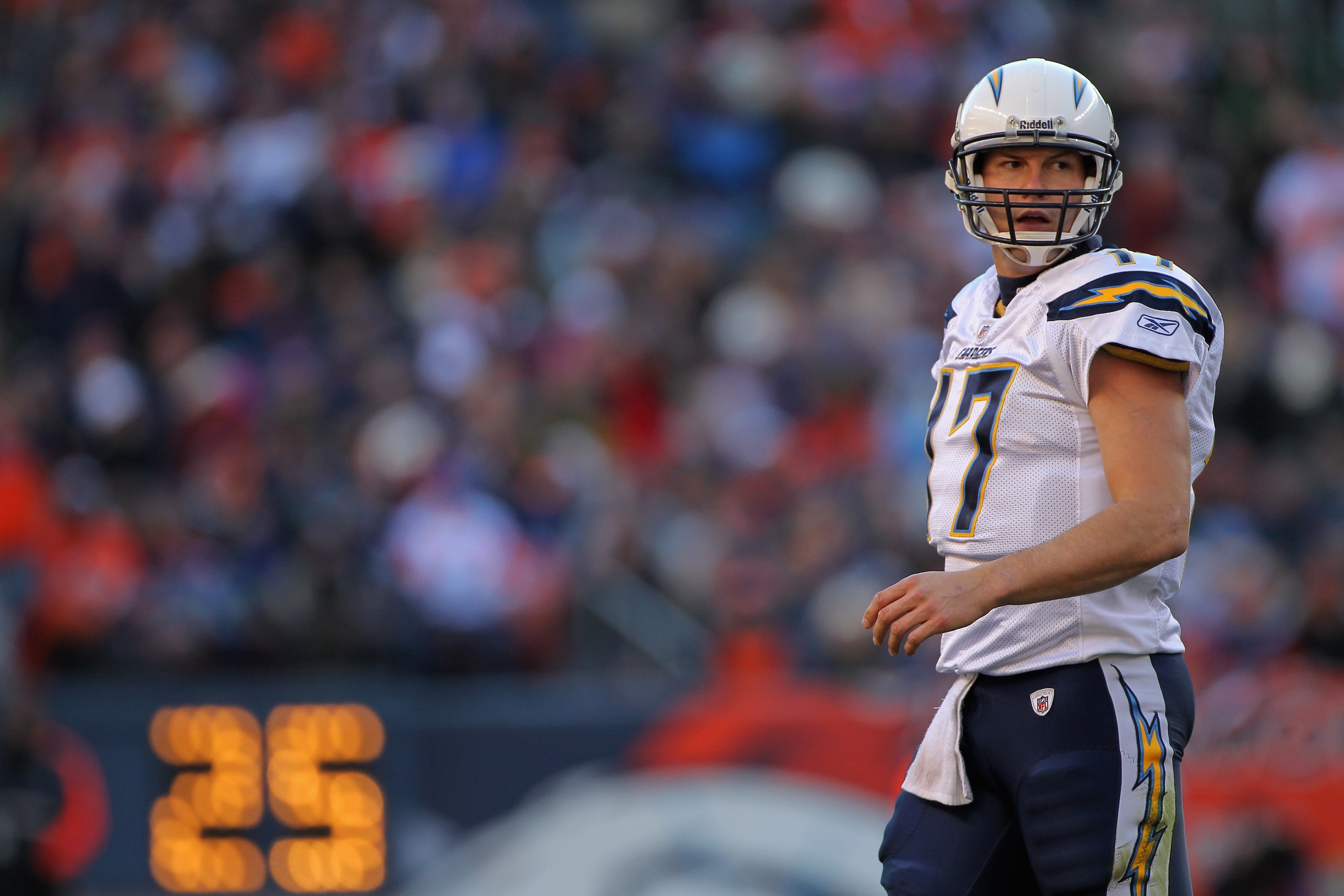 DENVER - JANUARY 02:  Quarterback Philip Rivers #17 of the San Diego Chargers takes the field against the Denver Broncos at INVESCO Field at Mile High on January 2, 2011 in Denver, Colorado. The Chargers defeated the Broncos 33-28.  (Photo by Doug Pensing