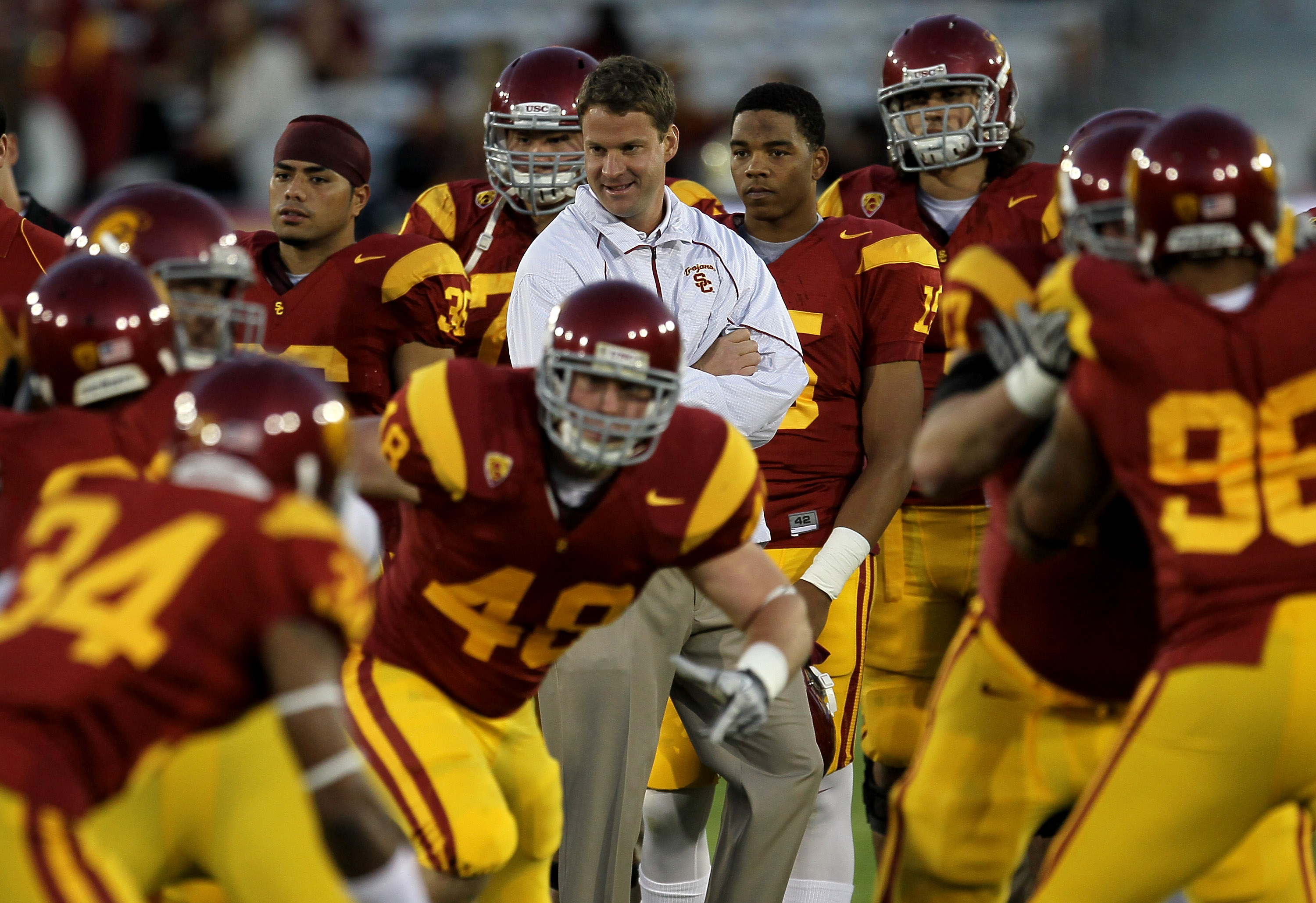 LOS ANGELES - NOVEMBER 27: Head coach Lane Kiffin of the USC Trojans watches warmups for the game with the Notre Dame Fighting Irish at the Los Angeles Memorial Coliseum on November 27, 2010 in Los Angeles, California. (Photo by Stephen Dunn/Getty Imag