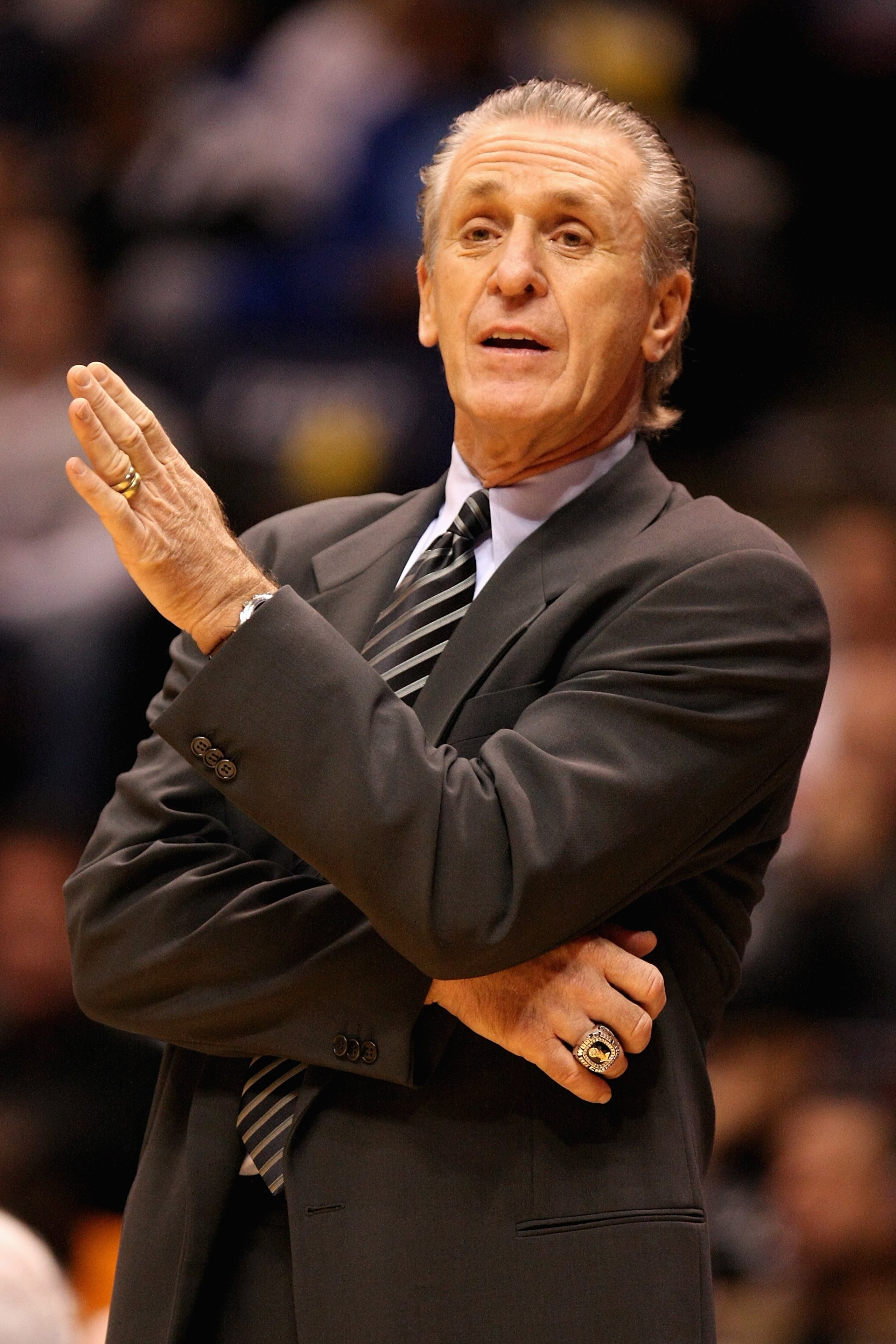 EAST RUTHERFORD, NJ - NOVEMBER 17:  Head coach Pat Riley of the Miami Heat gestures on the sideline during the game against the New Jersey Nets on November 17, 2007 at the Izod Arena in East Rutherford, New Jersey.  The Heat won 91-87.  NOTE TO USER: User