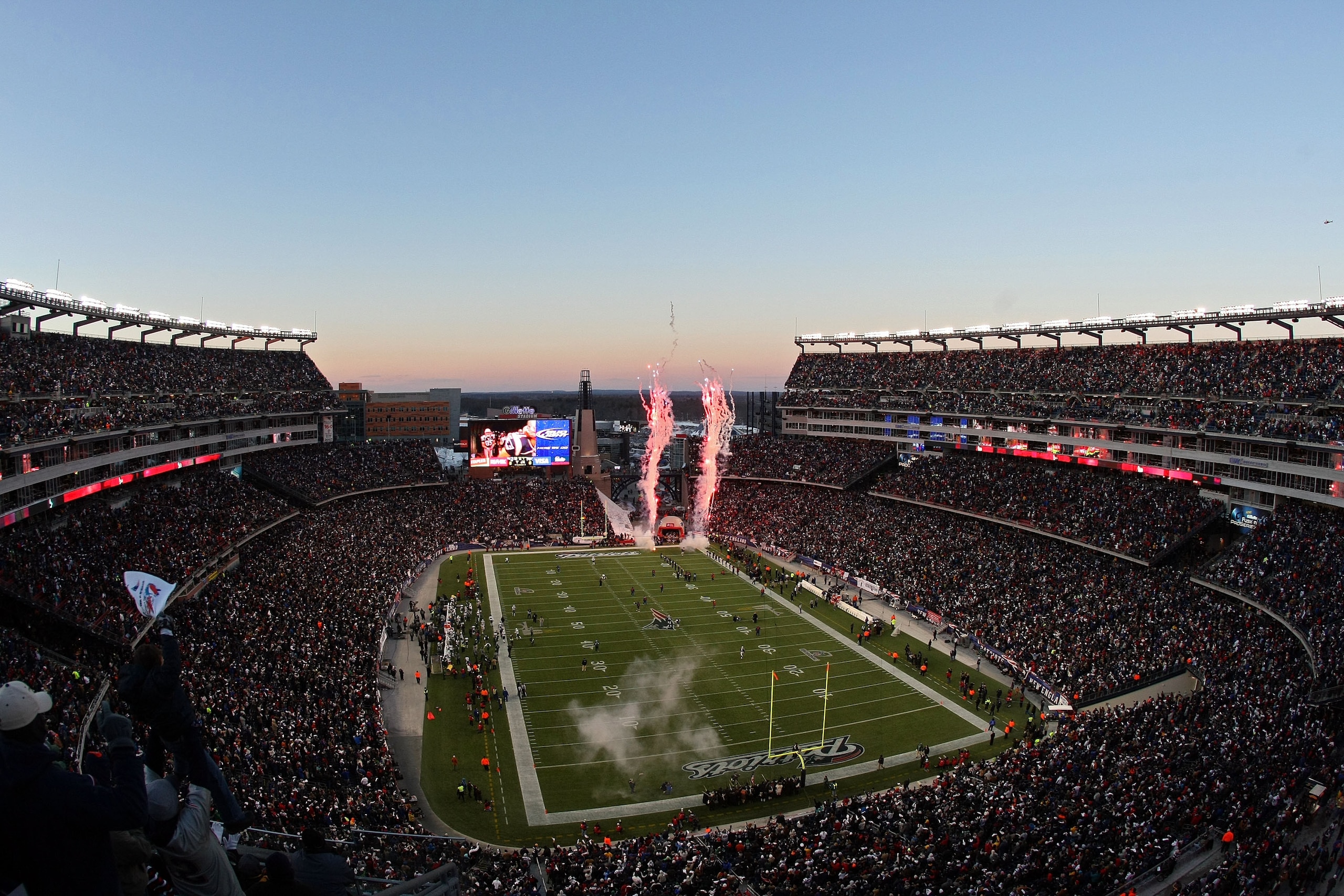 FOXBORO, MA - JANUARY 16:  The New England Patriots take the field before playing against the New York Jets to start their 2011 AFC divisional playoff game at Gillette Stadium on January 16, 2011 in Foxboro, Massachusetts.  (Photo by Michael Heiman/Getty