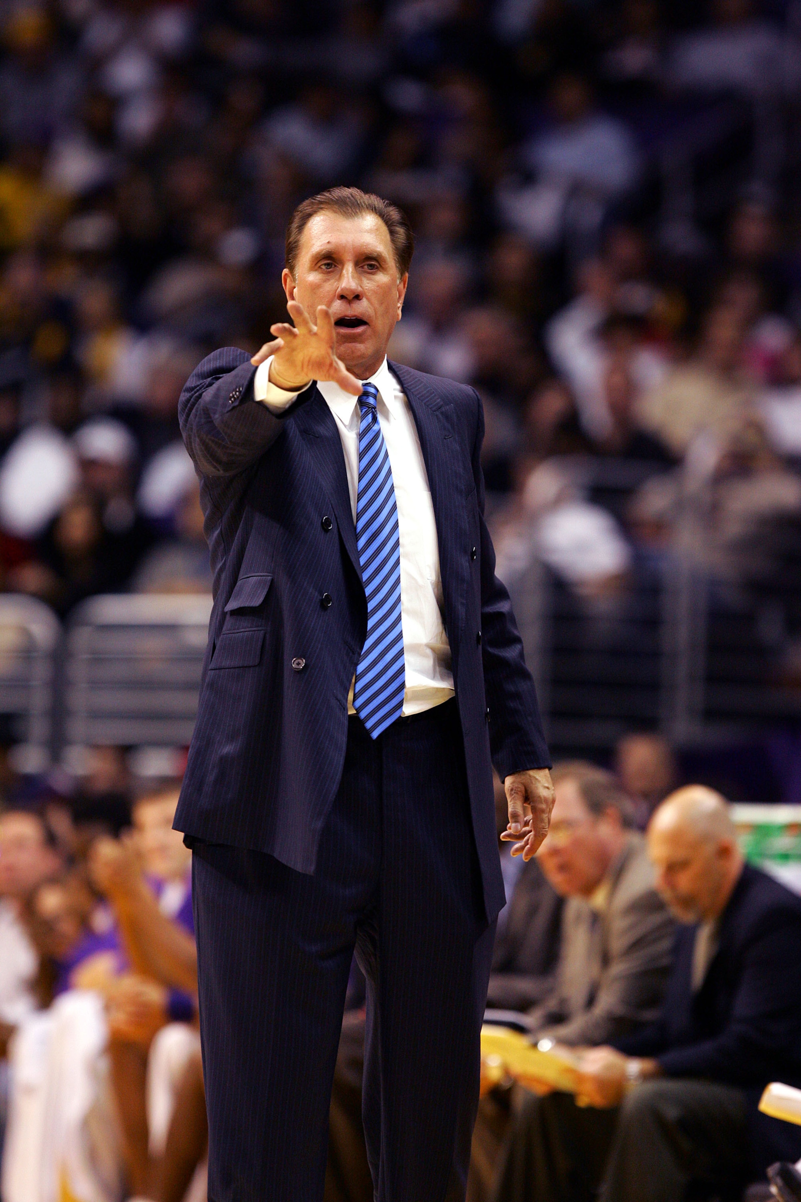 LOS ANGELES - NOVEMBER 21:  Head coach Rudy Tomjanovich of the Los Angeles Lakers coaches against the Chicago Bulls during the game at Staples Center on November 21, 2004 in Los Angeles, California.  The Lakers won 102-93.  NOTE TO USER: User expressly ac