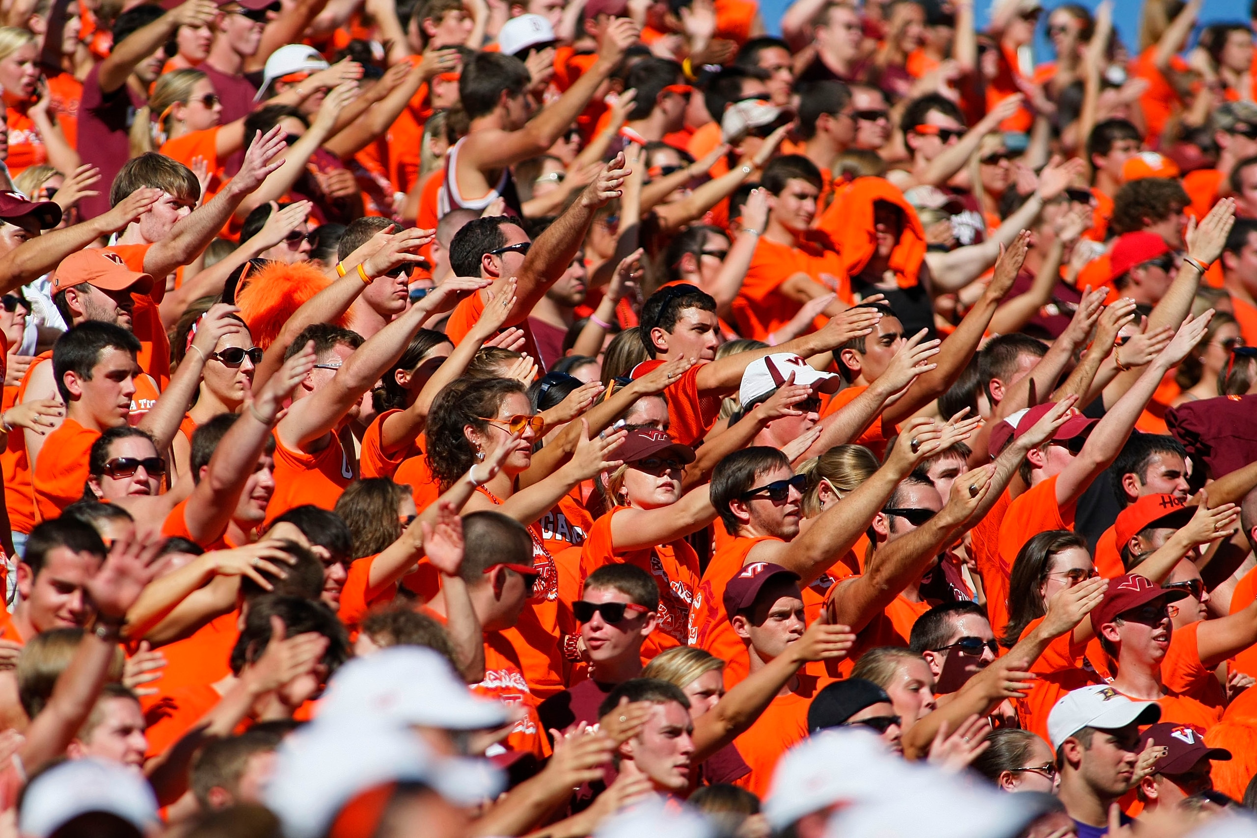 BLACKSBURG, VA - SEPTEMBER 18: Virginia Tech Hokies fans cheer against the East Carolina Pirates at Lane Stadium on September 18, 2010 in Blacksburg, Virginia.  (Photo by Geoff Burke/Getty Images)