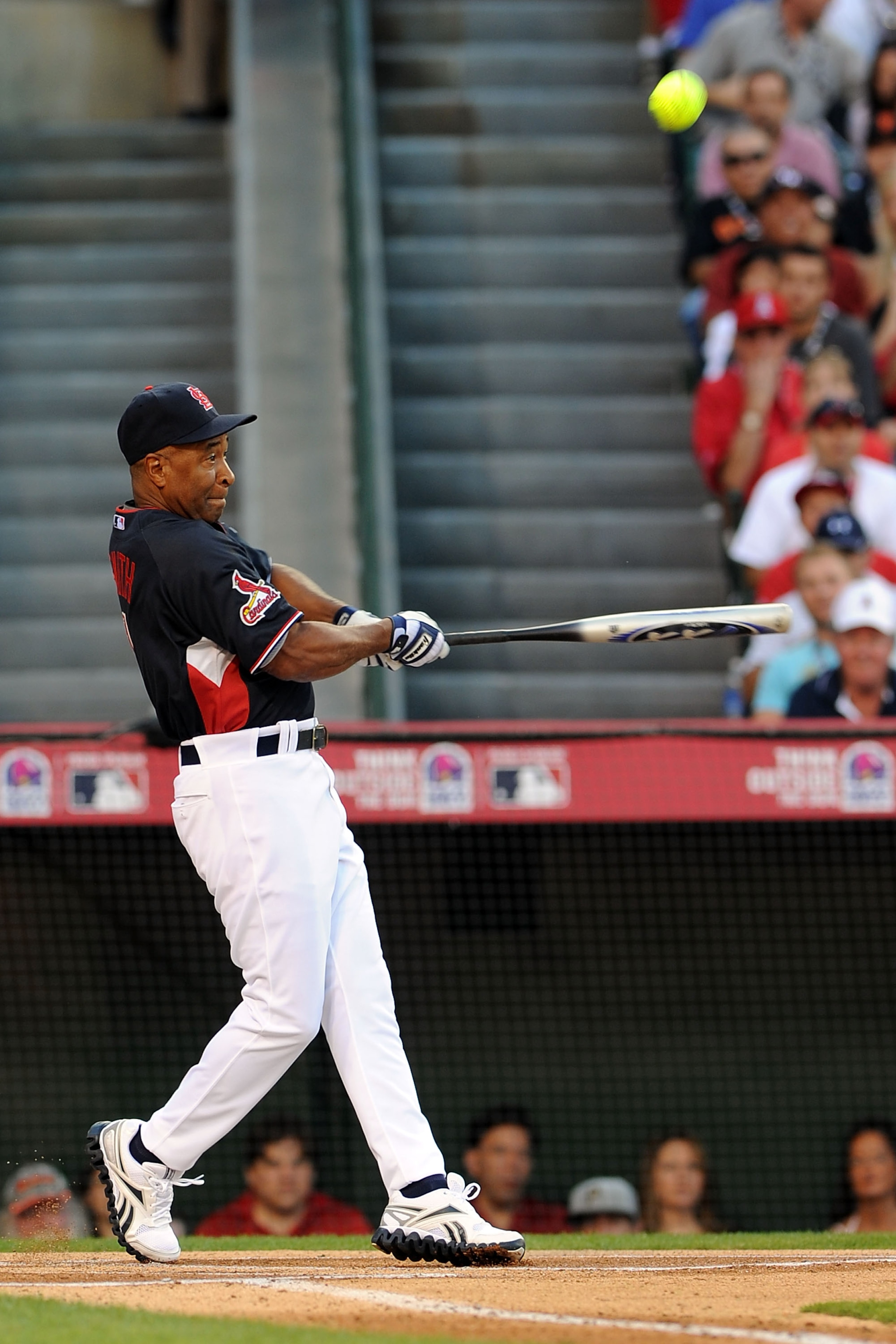 ANAHEIM, CA - JULY 11:  Former MLB player Ozzie Smith at bat during the MLB All Star Game Celebrity Softball Game at Angels Stadium of Anaheim on July 11, 2010 in Anaheim, California.  (Photo by Michael Buckner/Getty Images)