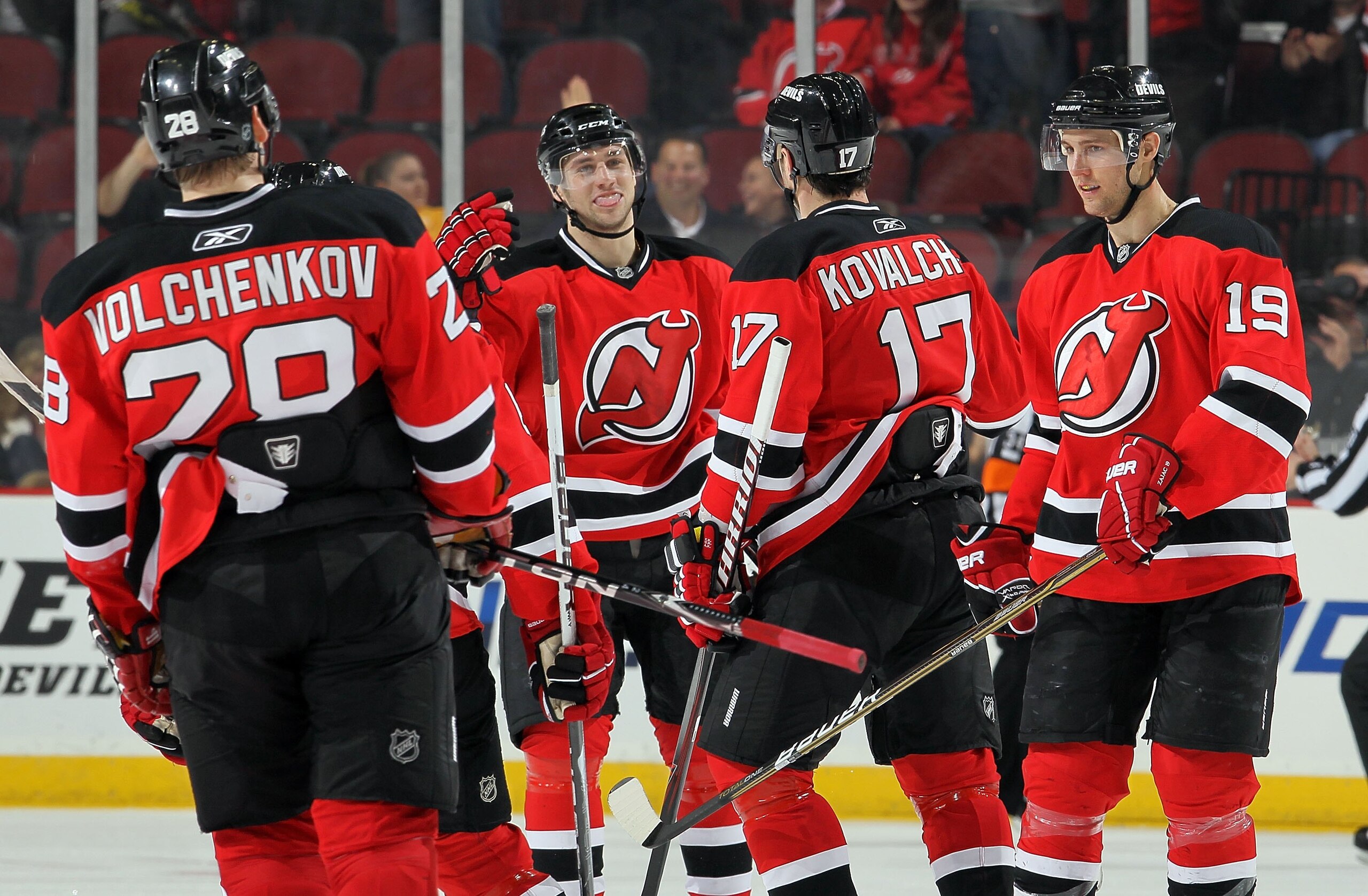 NEWARK, NJ - DECEMBER 31:  Ilya Kovalchuk #17 of the New Jersey Devils celebrates his third period goal against the Atlanta Thrasherswith his teammates at the Prudential Center on December 31, 2010 in Newark, New Jersey. The Devils defeated the Thrashers