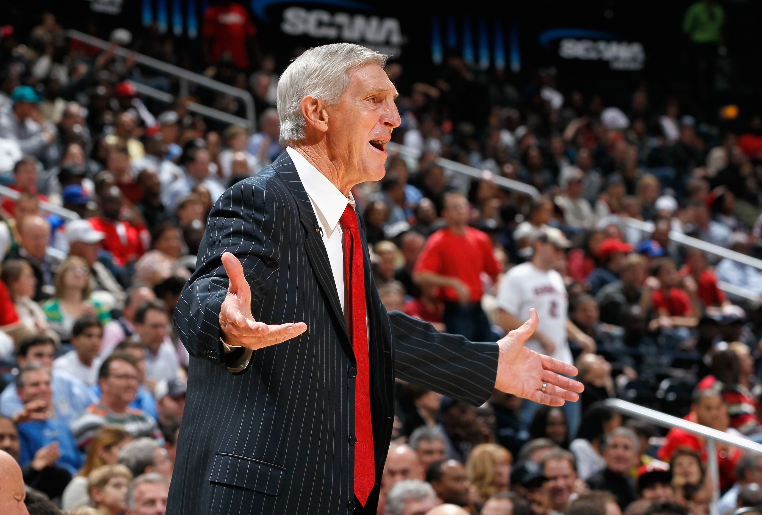 ATLANTA - NOVEMBER 12: Head coach Jerry Sloan of the Utah Jazz against the Atlanta Hawks at Philips Arena on November 12, 2010 in Atlanta, Georgia. NOTE TO USER: User expressly acknowledges and agrees that, by downloading and/or using this Photograph, U ATLANTA - NOVEMBER 12: Head coach Jerry Sloan of the Utah Jazz against the Atlanta Hawks at Philips Arena on November 12, 2010 in Atlanta, Georgia. NOTE TO USER: User expressly acknowledges and agrees that, by downloading and/or using this Photograph, U