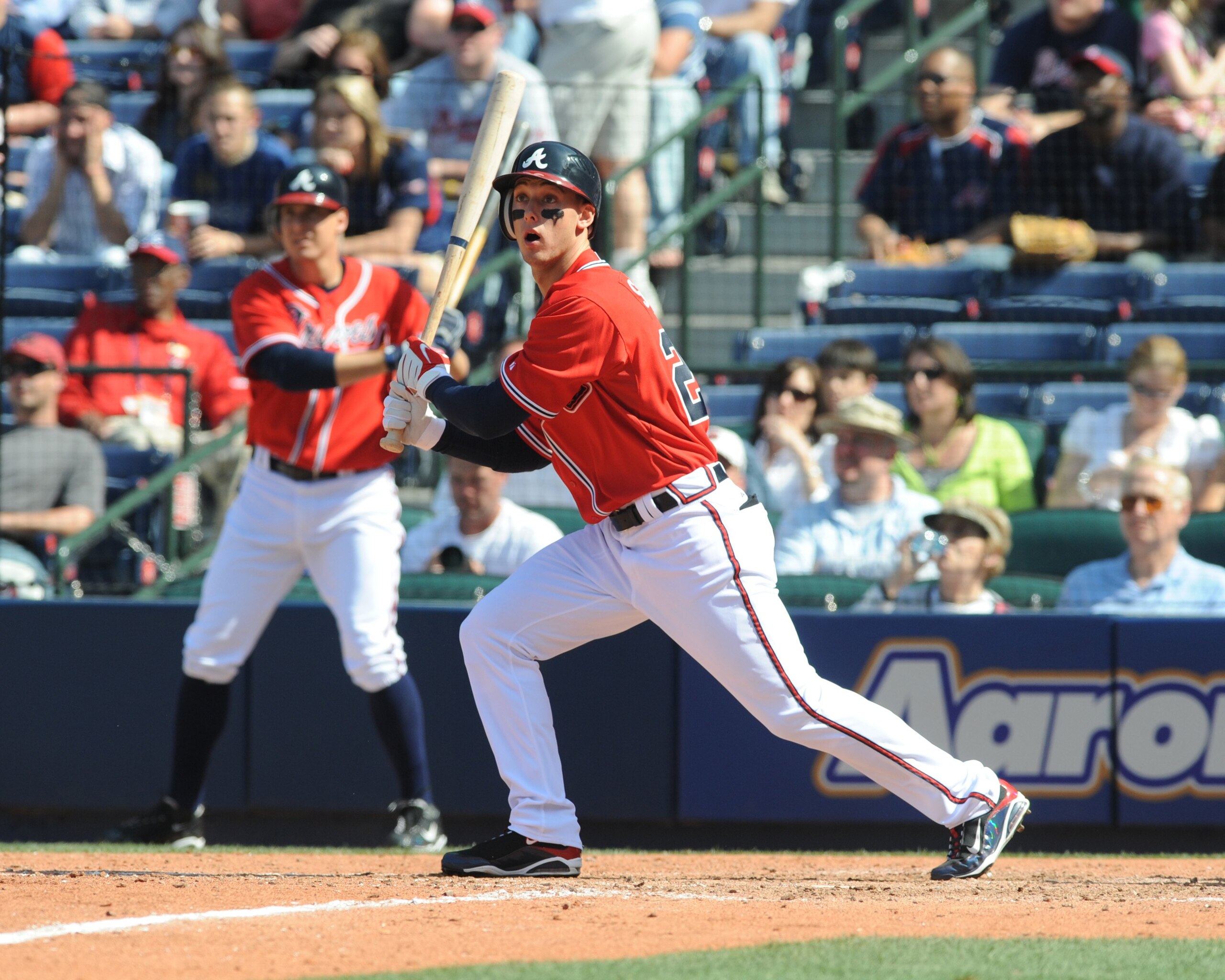 ATLANTA - APRIL 12: Outfielder Jordan Schafer #24 of the Atlanta Braves follows a fly ball against the Washington Nationals April 12, 2009 at Turner Field in Atlanta, Georgia.  (Photo by Al Messerschmidt/Getty Images)