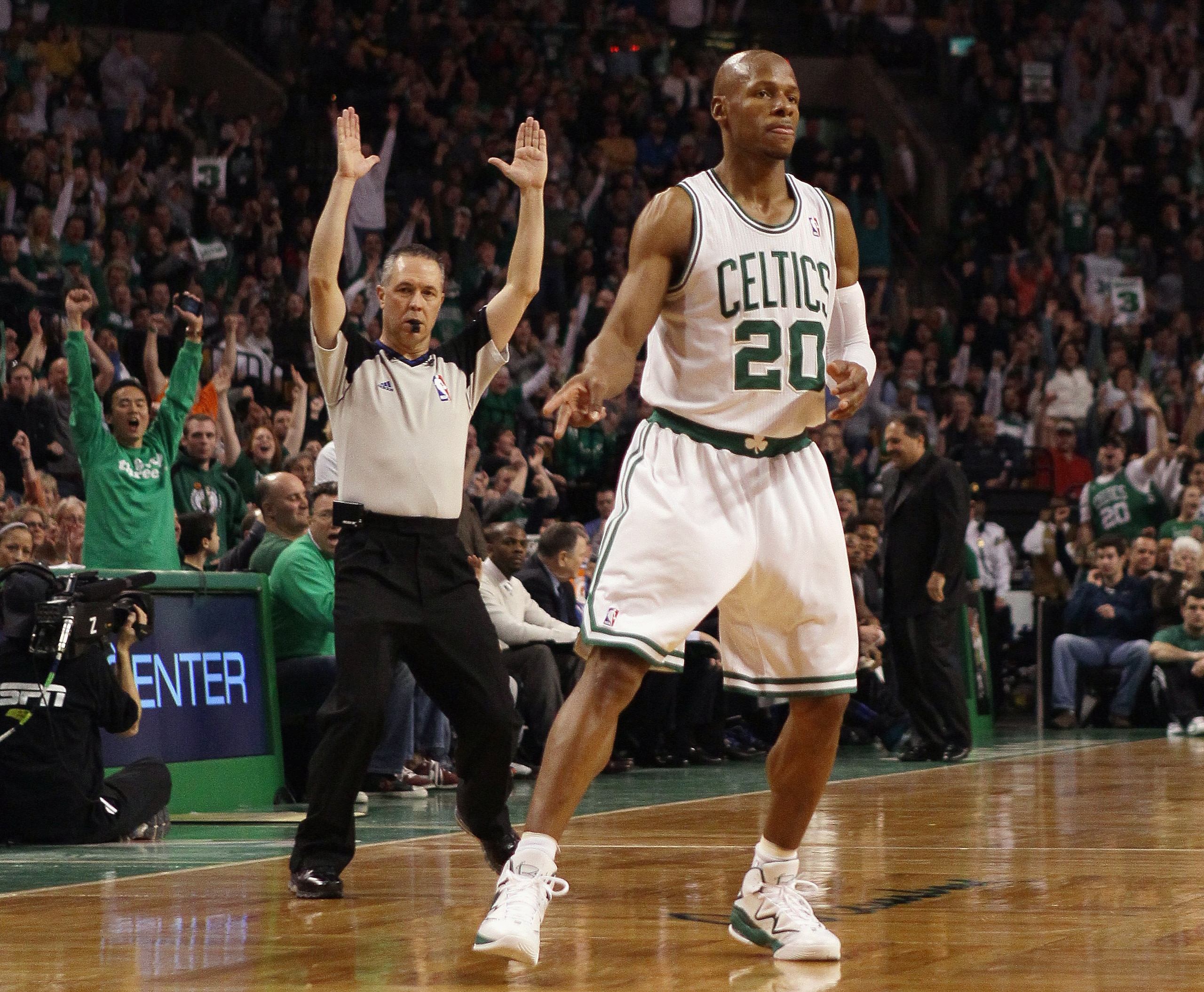 BOSTON, MA - FEBRUARY 06:  Ray Allen #20 of the Boston Celtics celebrates his three point shot in the first half against the Orlando Magic on February 6, 2011 at the TD Garden in Boston, Massachusetts. The Celtics defeated the Magic 91-80. NOTE TO USER: U
