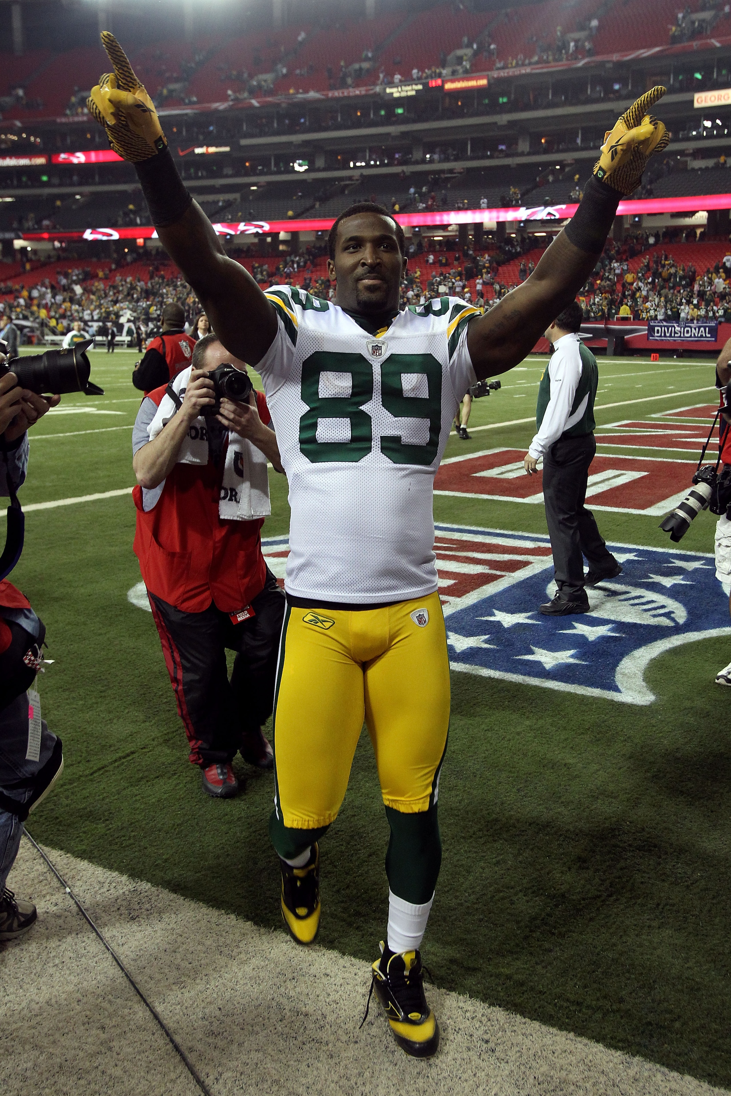 ATLANTA, GA - JANUARY 15:  James Jones #89 of the Green Bay Packers celebrates as he walks off the field after the Pakers won 48-21 against the Atlanta Falcons during their 2011 NFC divisional playoff game at Georgia Dome on January 15, 2011 in Atlanta, G