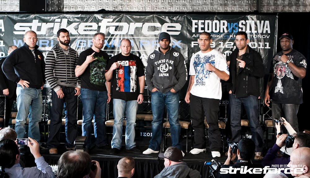 Left to right: Sergei Kharitonov, Andrei Arlovski, Josh Barnett, Fedor Emelianenko, Alistair Overeem, Antonio Silva, Fabricio Werdum, Brett Rogers