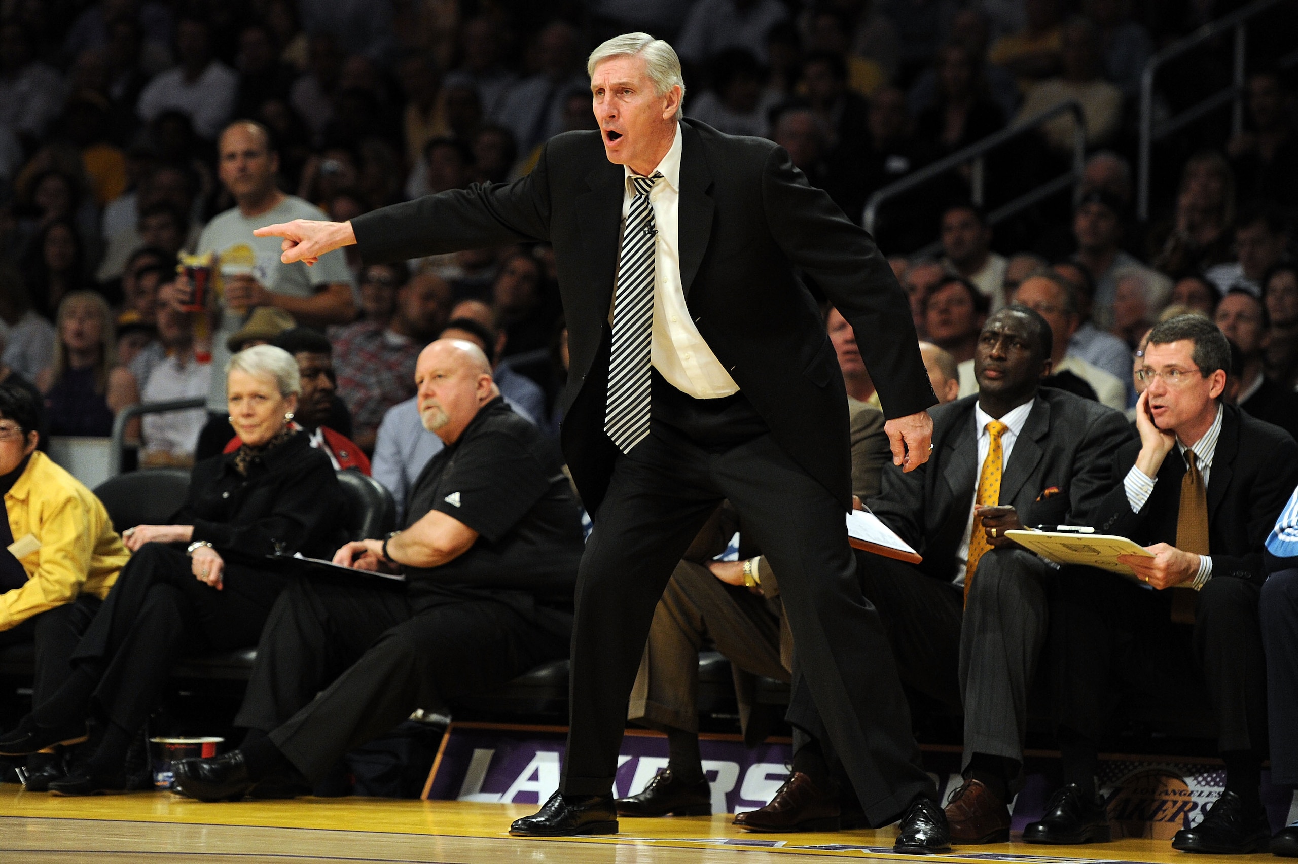 LOS ANGELES, CA - MAY 04:  Head coach Jerry Sloan of the Utah Jazz reacts in the first half while taking on the Los Angeles Lakers during Game Two of the Western Conference Semifinals of the 2010 NBA Playoffs at Staples Center on May 4, 2010 in Los Angele