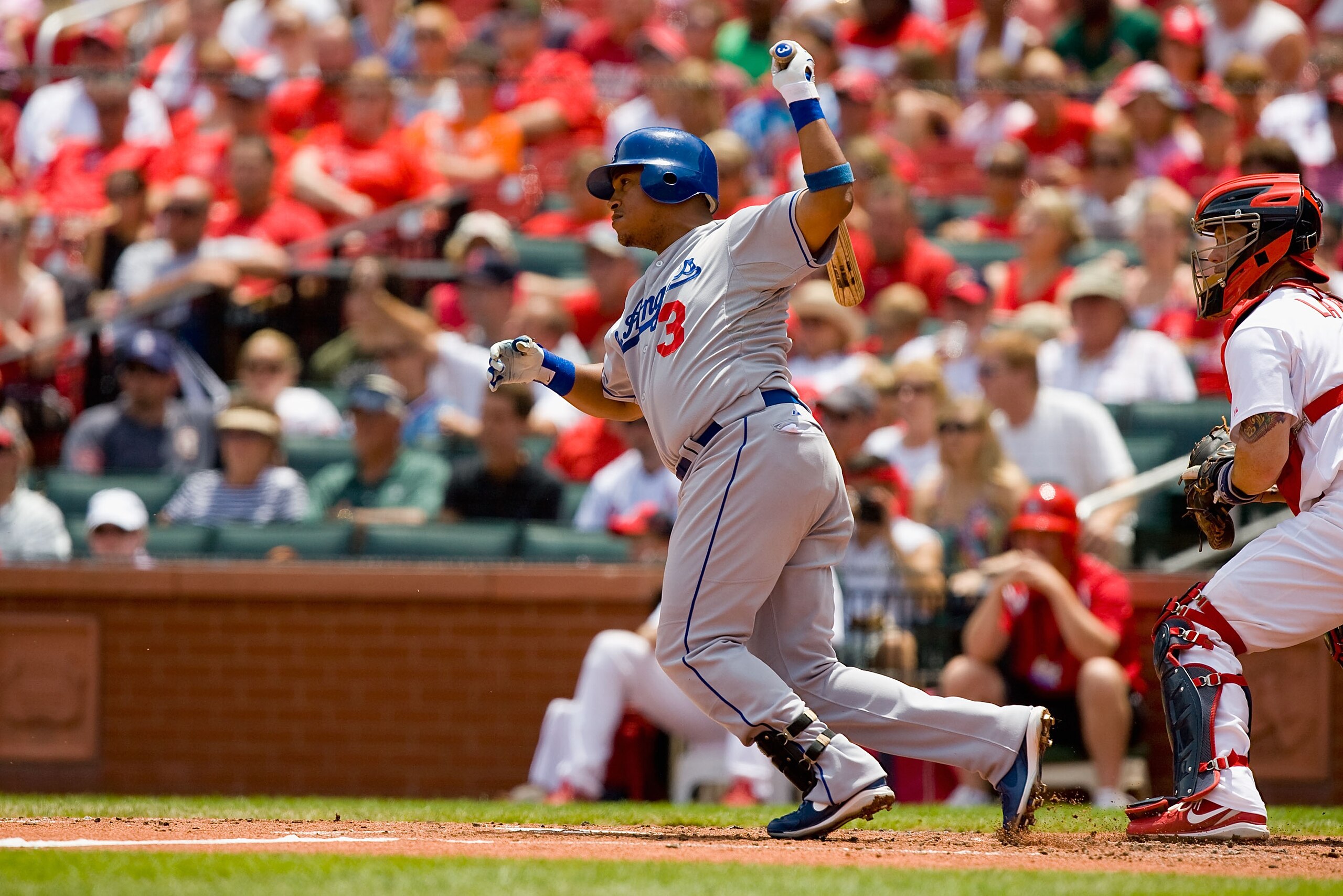 ST. LOUIS - JULY 18: Ronnie Belliard #3 of the Los Angeles Dodgers in action against the St. Louis Cardinals at Busch Stadium on July 18, 2010 in St. Louis, Missouri.  (Photo by Dilip Vishwanat/Getty Images)