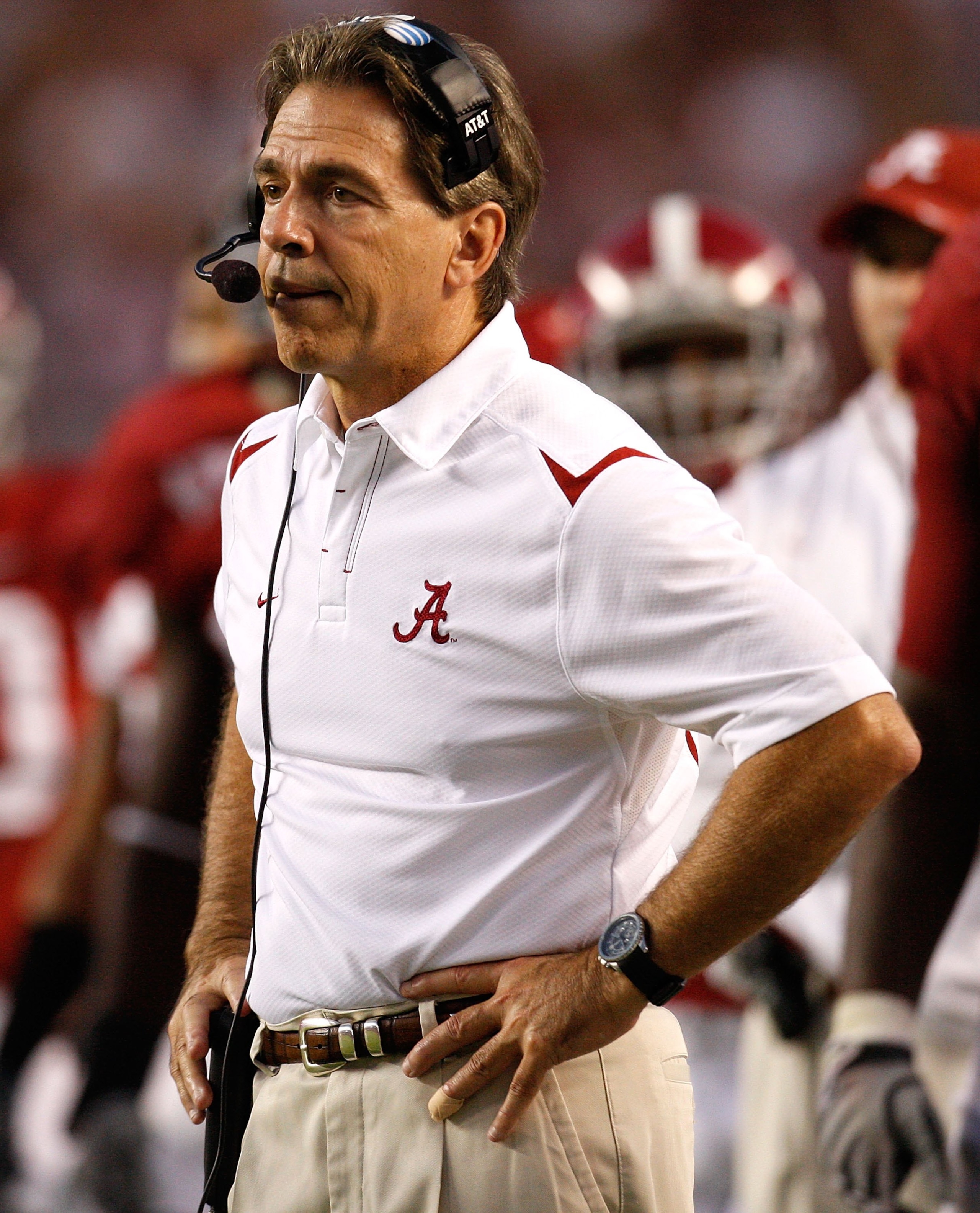 TUSCALOOSA, AL - NOVEMBER 07: Head coach Nick Saban of the Alabama Crimson Tide against the Louisiana State University Tigers at Bryant-Denny Stadium on November 7, 2009 in Tuscaloosa, Alabama. (Photo by Kevin C. Cox/Getty Images) TUSCALOOSA, AL - NOVEMBER 07: Head coach Nick Saban of the Alabama Crimson Tide against the Louisiana State University Tigers at Bryant-Denny Stadium on November 7, 2009 in Tuscaloosa, Alabama. (Photo by Kevin C. Cox/Getty Images)