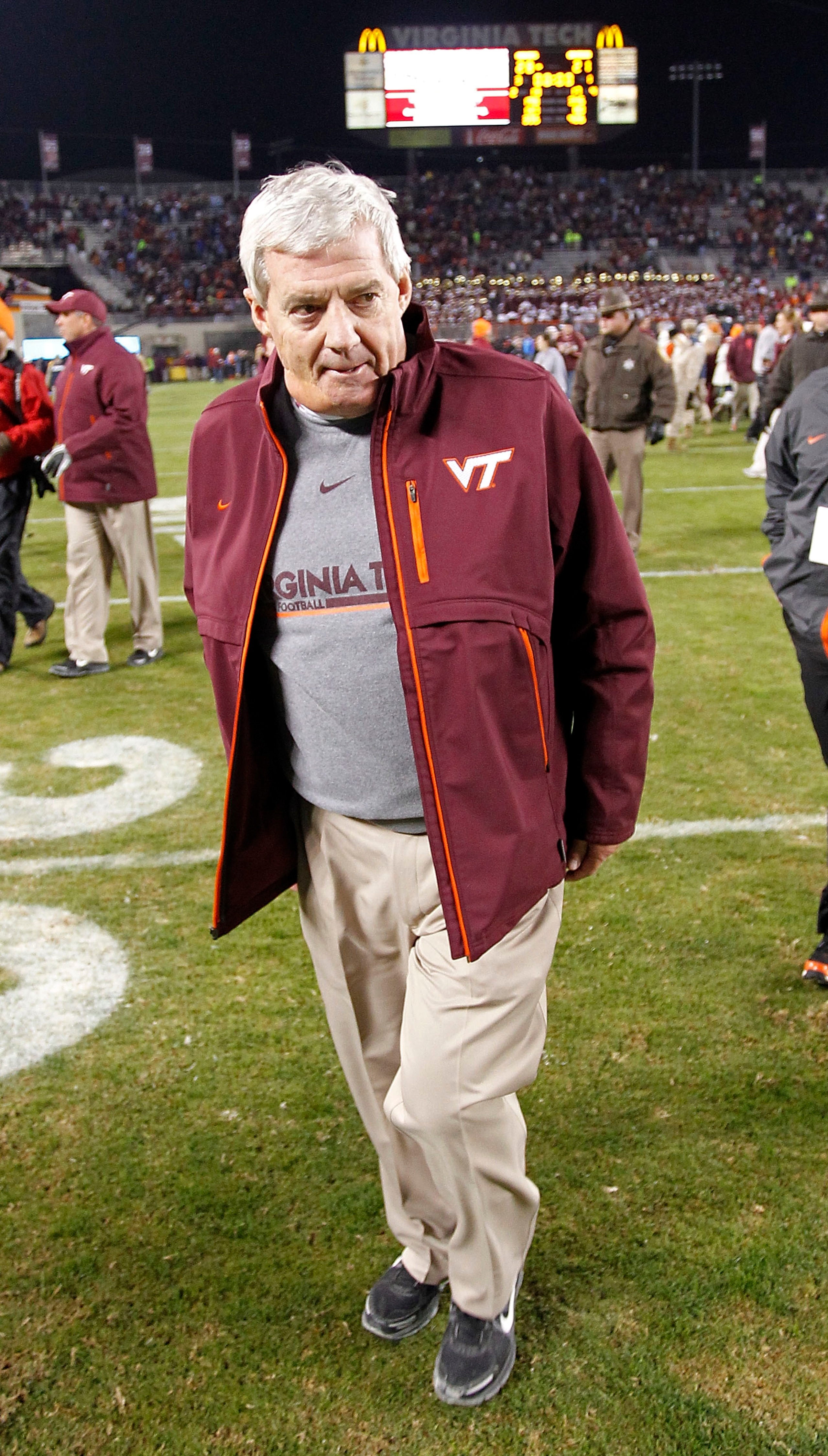 BLACKSBURG, VA - NOVEMBER 04: Head coach Frank Beamer of the Virginia Tech Hokies walks off the field after the Hokies defeated the Georgia Tech Yellow Jackets 28-21 at Lane Stadium on November 4, 2010 in Blacksburg, Virginia.  (Photo by Geoff Burke/Getty