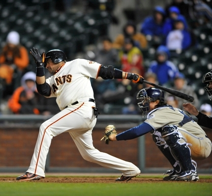 Giants catcher Bengie Molina and Pablo Sandoval (48) celebrate Molina's  2-run home run in the first inning vs. the Cincinnati Reds at AT&t Park in  San Francisco, Calif., on Friday, August 7