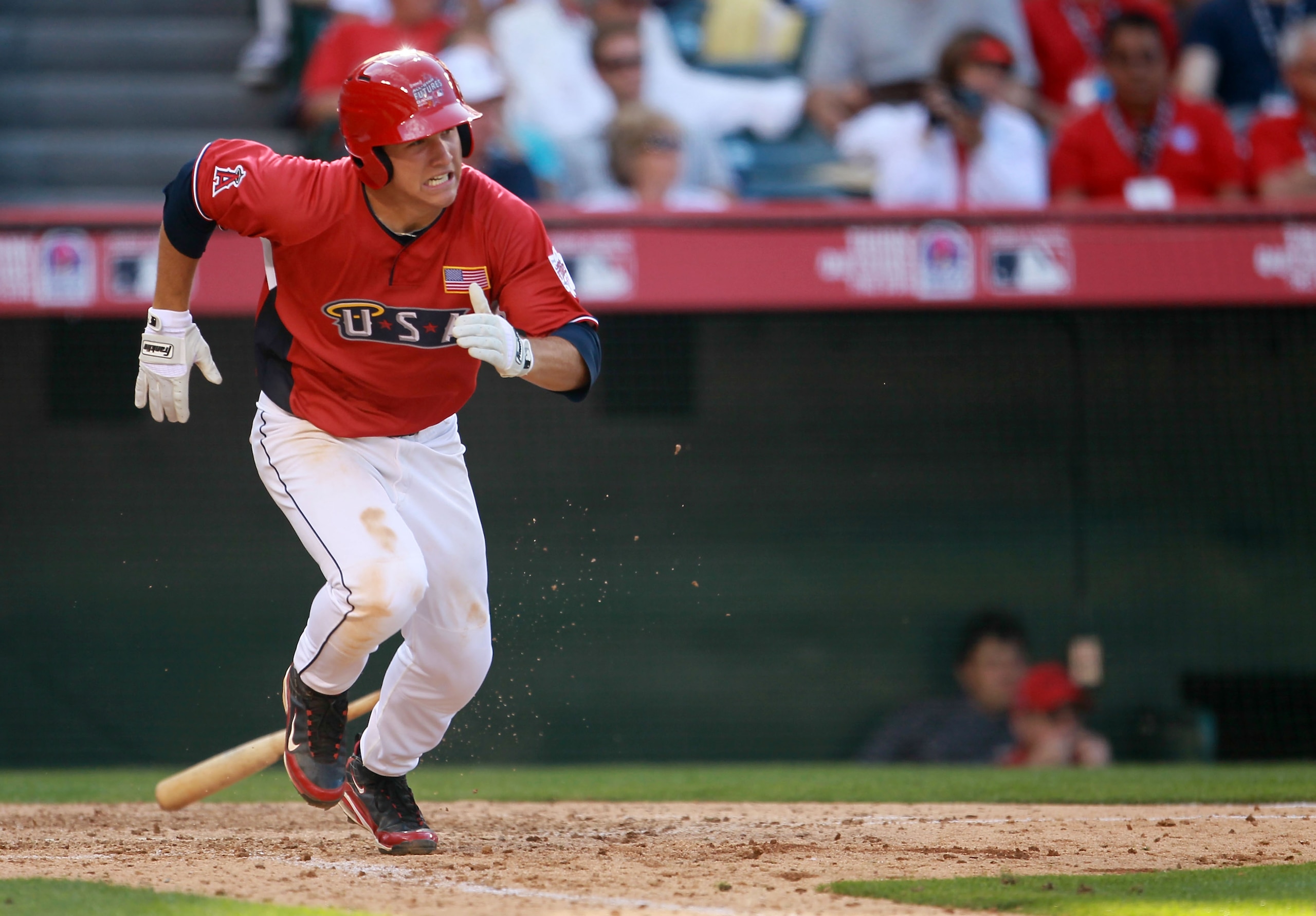 ANAHEIM, CA - JULY 11:  U.S. Futures All-Star Mike Trout #20 of the Los Angeles Angels of Anaheim runs to first during the 2010 XM All-Star Futures Game at Angel Stadium of Anaheim on July 11, 2010 in Anaheim, California.  (Photo by Jeff Gross/Getty Image