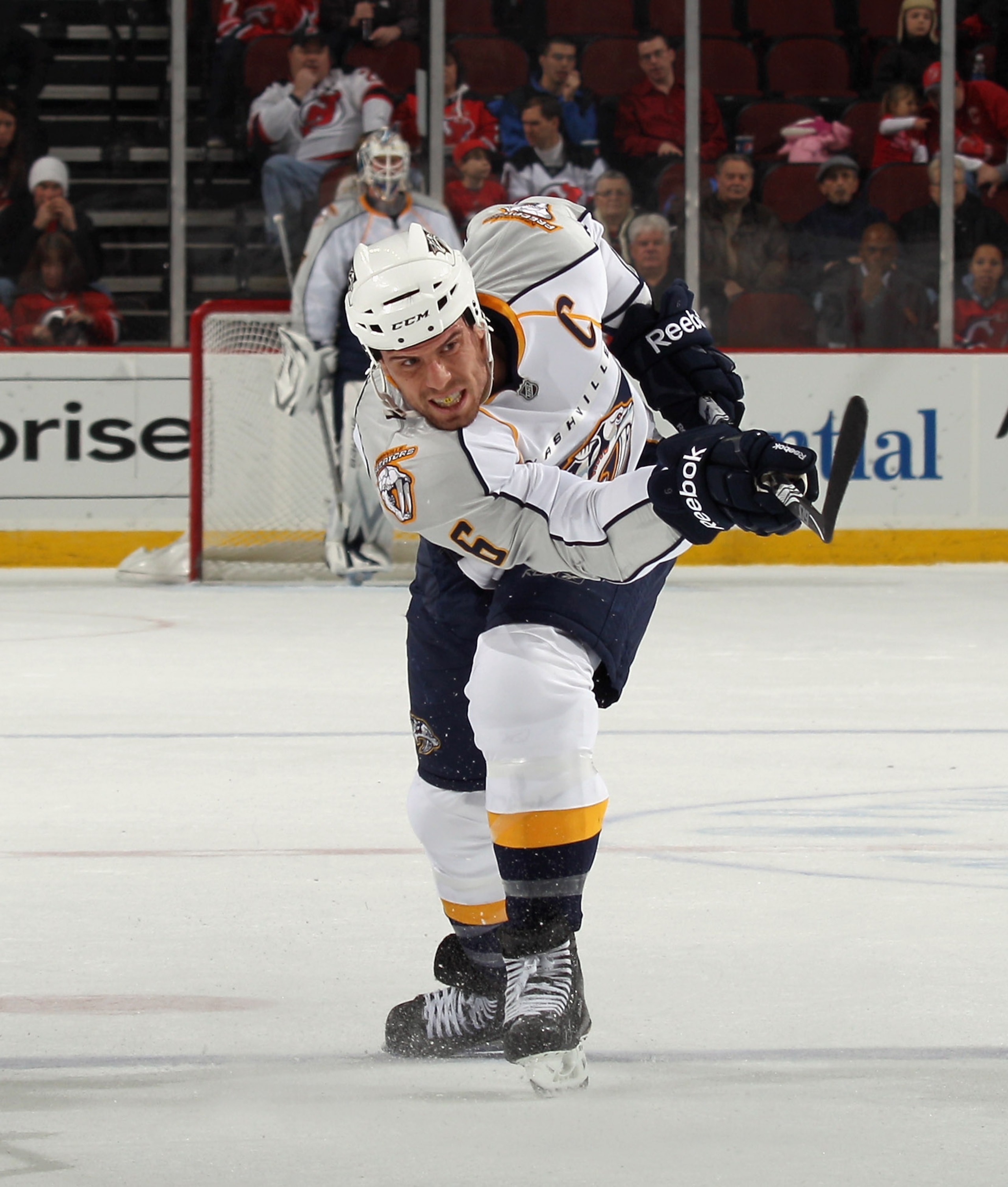 NEWARK, NJ - DECEMBER 17:  Shea Weber #6 of the Nashville Predators skates against the New Jersey Devils at the Prudential Center on December 17, 2010 in Newark, New Jersey.  (Photo by Bruce Bennett/Getty Images)