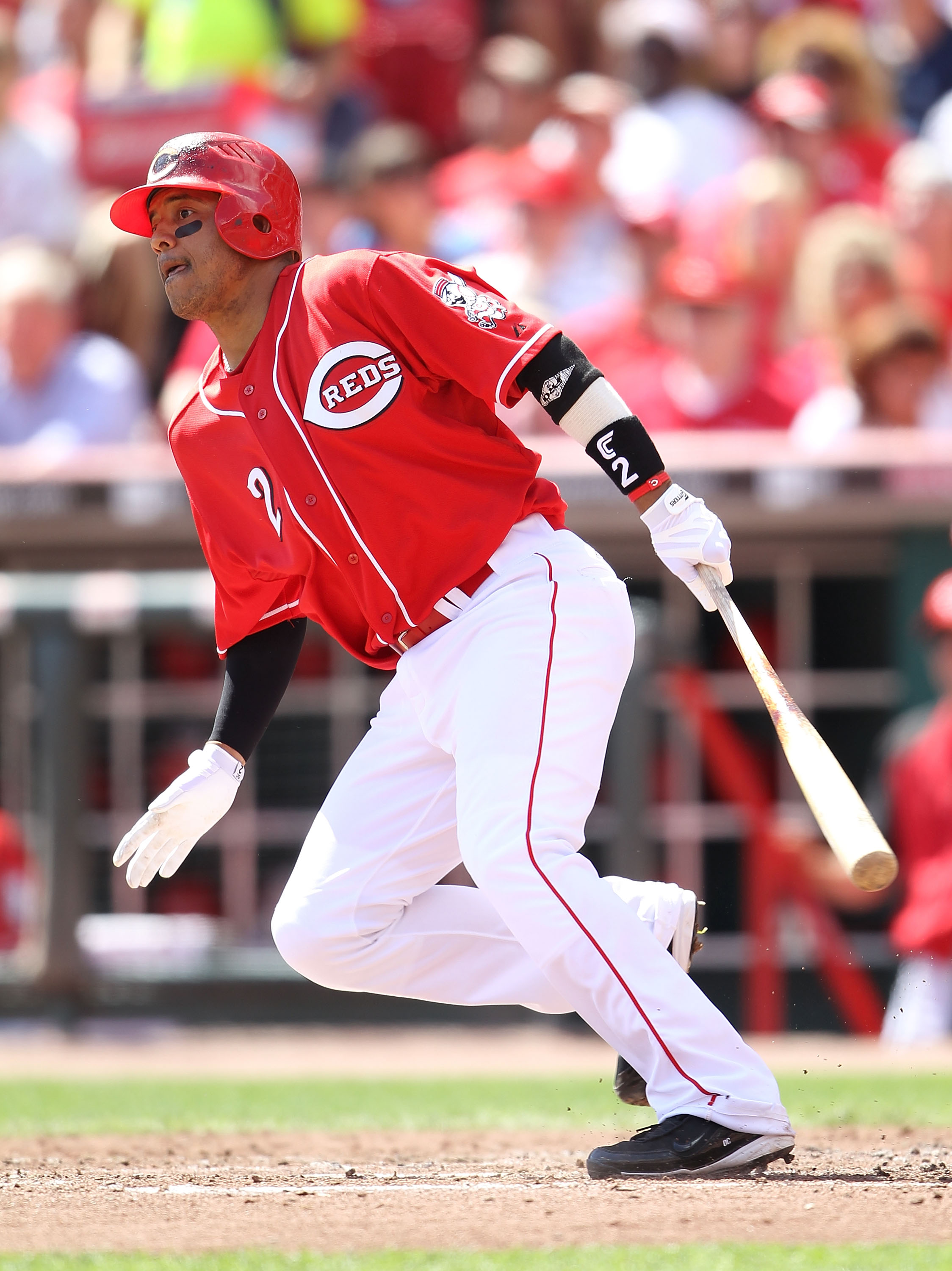 CINCINNATI - SEPTEMBER 12: Orlando Cabrera #2 of the Cincinnati Reds hits a double in the fourth inning during the game against the Pittsburgh Pirates at Great American Ballpark on September 12, 2010 in Cincinnati, Ohio.  (Photo by Andy Lyons/Getty Images