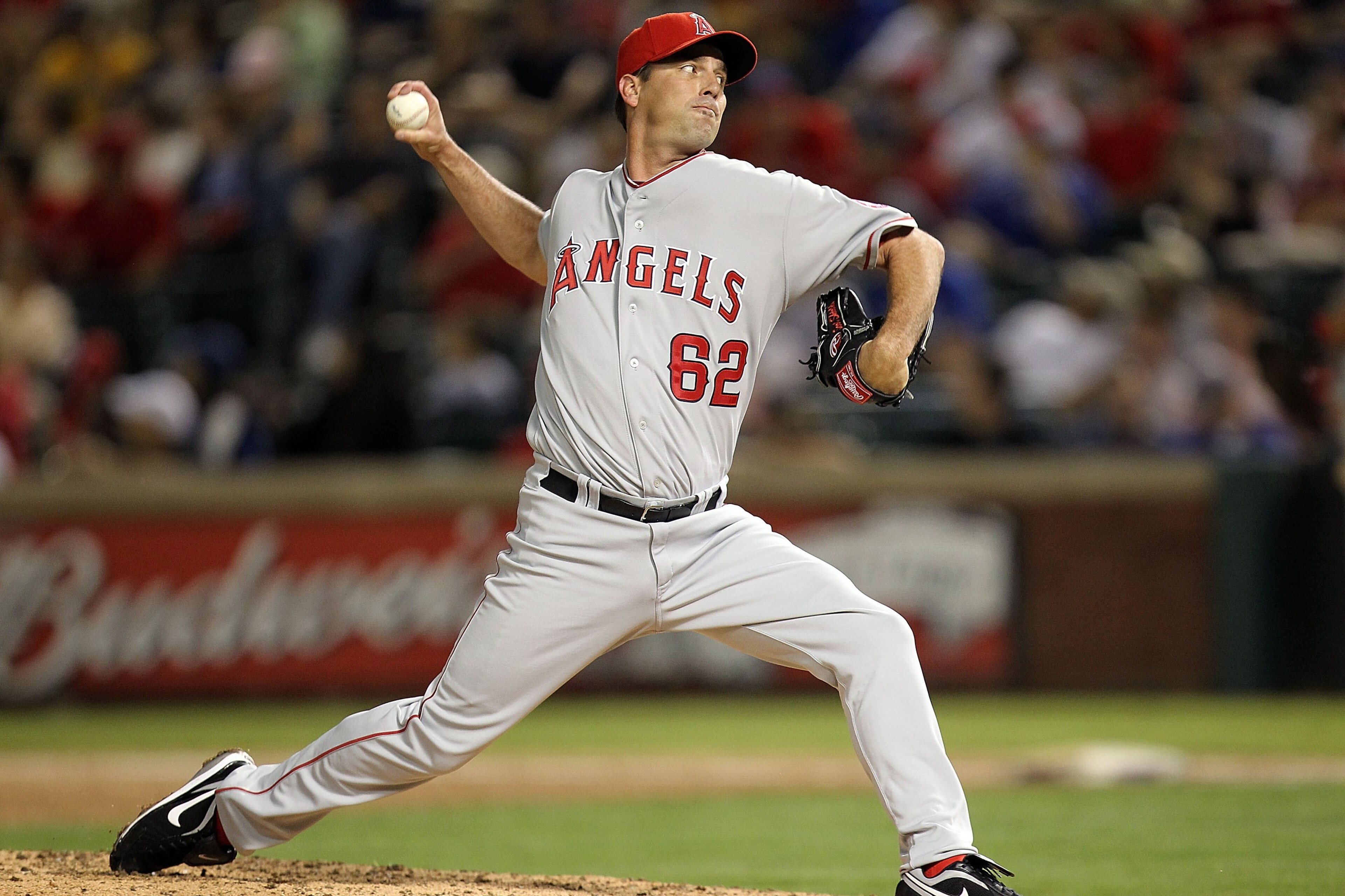 ARLINGTON, TX - MAY 17:  Pitcher Scot Shields #62 of the Los Angeles Angels of Anaheim on May 17, 2010 at Rangers Ballpark in Arlington, Texas.  (Photo by Ronald Martinez/Getty Images)